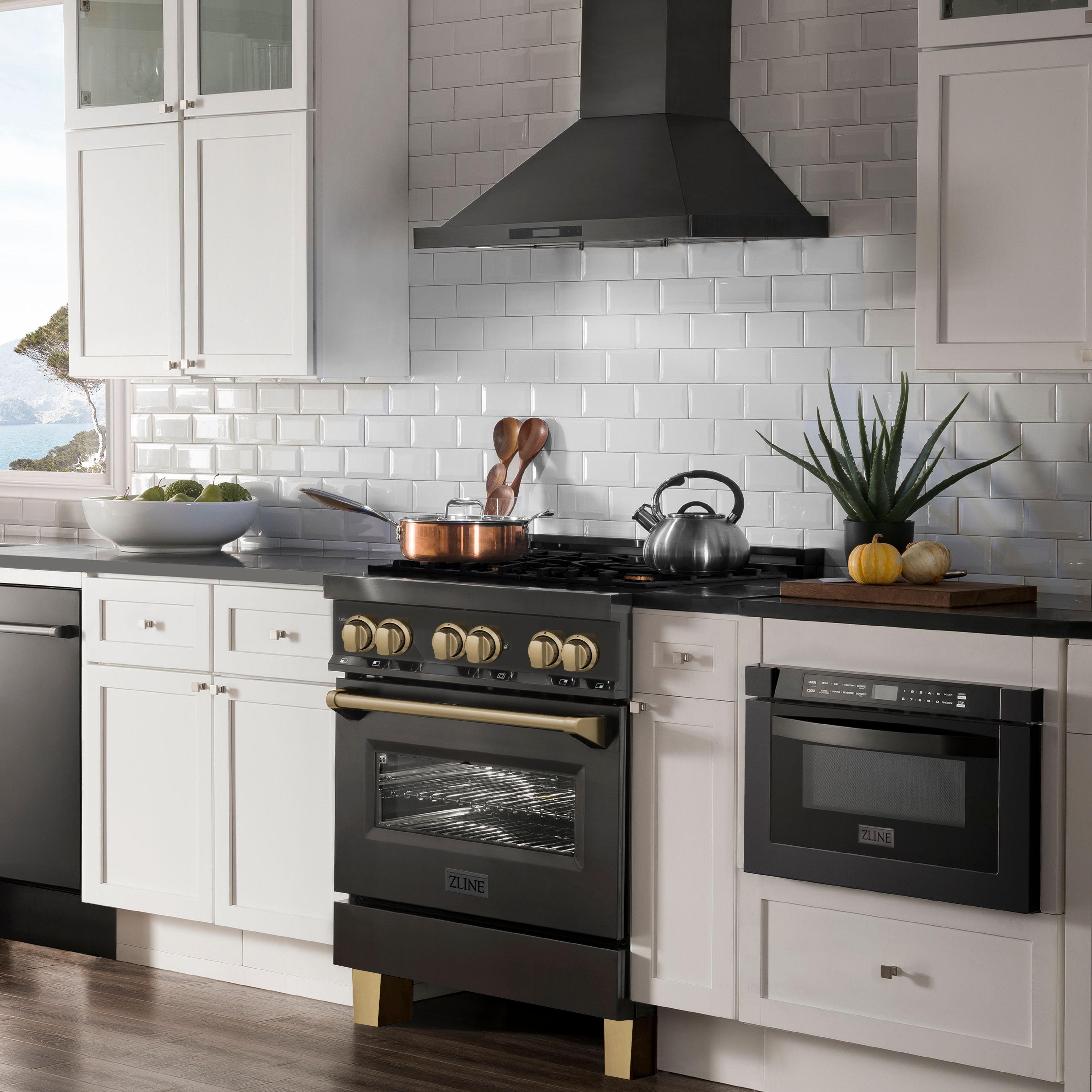 ZLINE Autograph Edition 30 in. 4.0 cu. ft. Dual Fuel Range with 4-Burner Gas Cooktop and Electric Convection Oven in Stainless Steel with Champagne Bronze Accents (RABZ-30-CB)