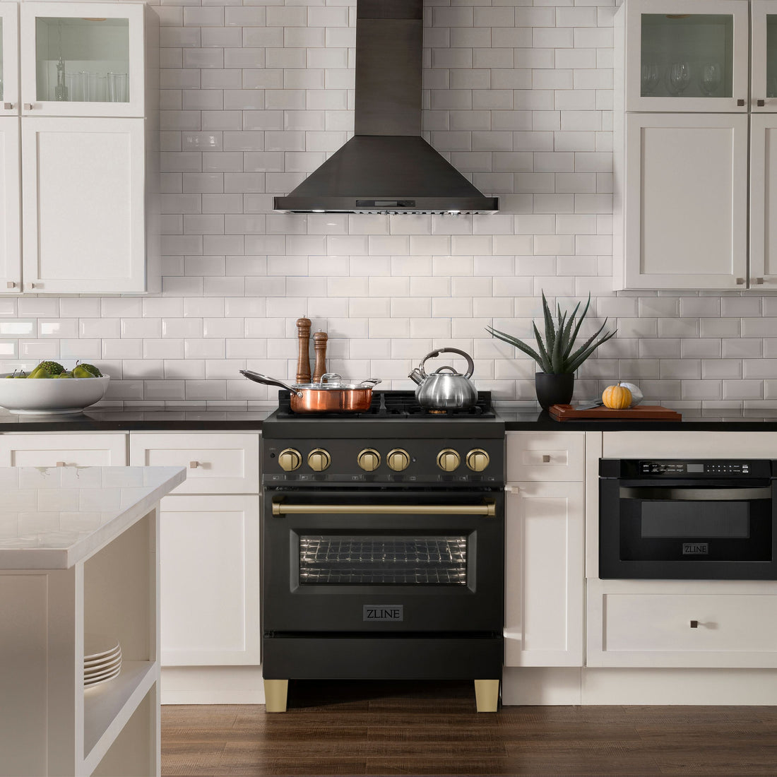 ZLINE Autograph Edition 30 in. 4.0 cu. ft. Dual Fuel Range with 4-Burner Gas Cooktop and Electric Convection Oven in Stainless Steel with Champagne Bronze Accents (RABZ-30-CB)