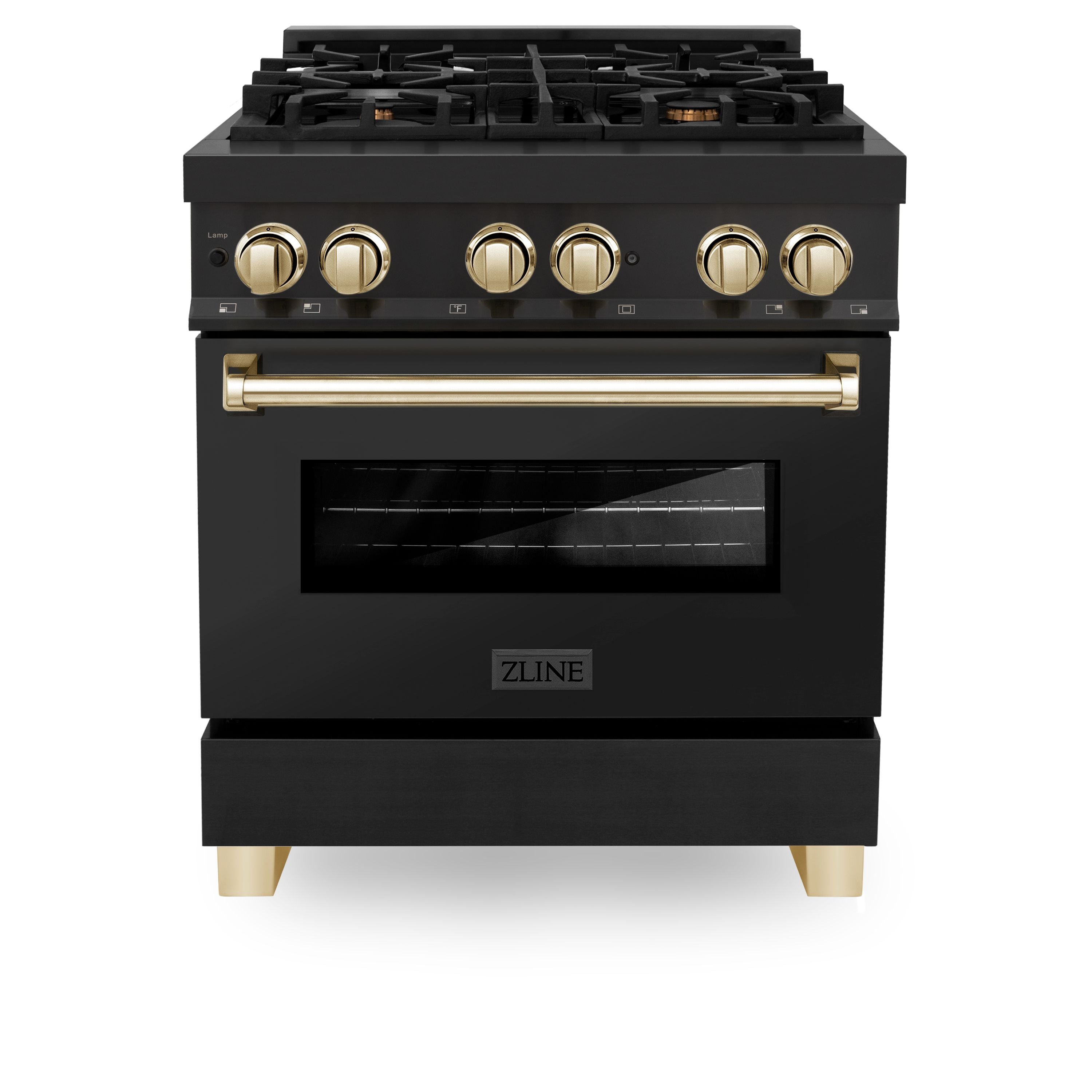 ZLINE Autograph Package - 30" Dual Fuel Range, Range Hood, Refrigerator, Dishwasher in Black Stainless with Gold Accents
