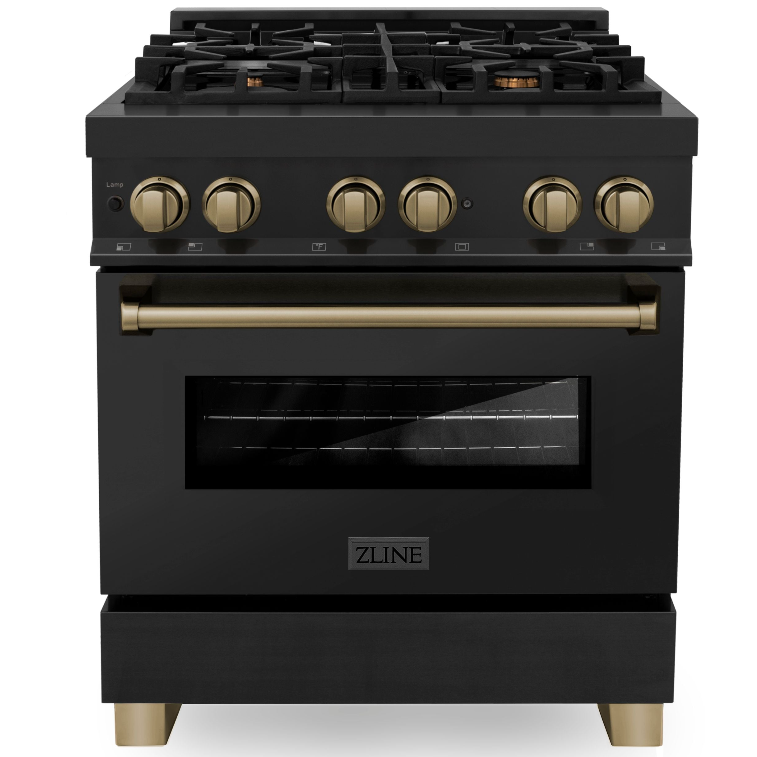 ZLINE Autograph Edition 30 in. 4.0 cu. ft. Dual Fuel Range with 4-Burner Gas Cooktop and Electric Convection Oven in Stainless Steel with Champagne Bronze Accents (RABZ-30-CB)