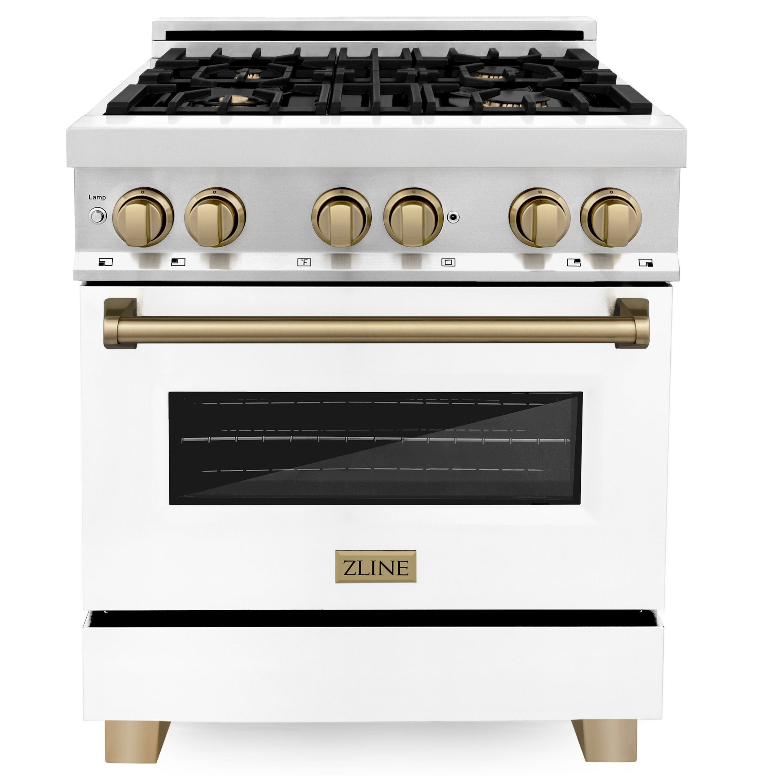 ZLINE Autograph 30 in. 4.0 cu. ft. Dual Fuel Range with Gas Cooktop and Electric Convection Oven in Stainless Steel with White Matte Door and Champagne Bronze Accents (RAZ-WM-30-CB)