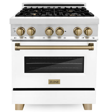 ZLINE Autograph 30 in. 4.0 cu. ft. Dual Fuel Range with Gas Cooktop and Electric Convection Oven in Stainless Steel with White Matte Door and Champagne Bronze Accents (RAZ-WM-30-CB)