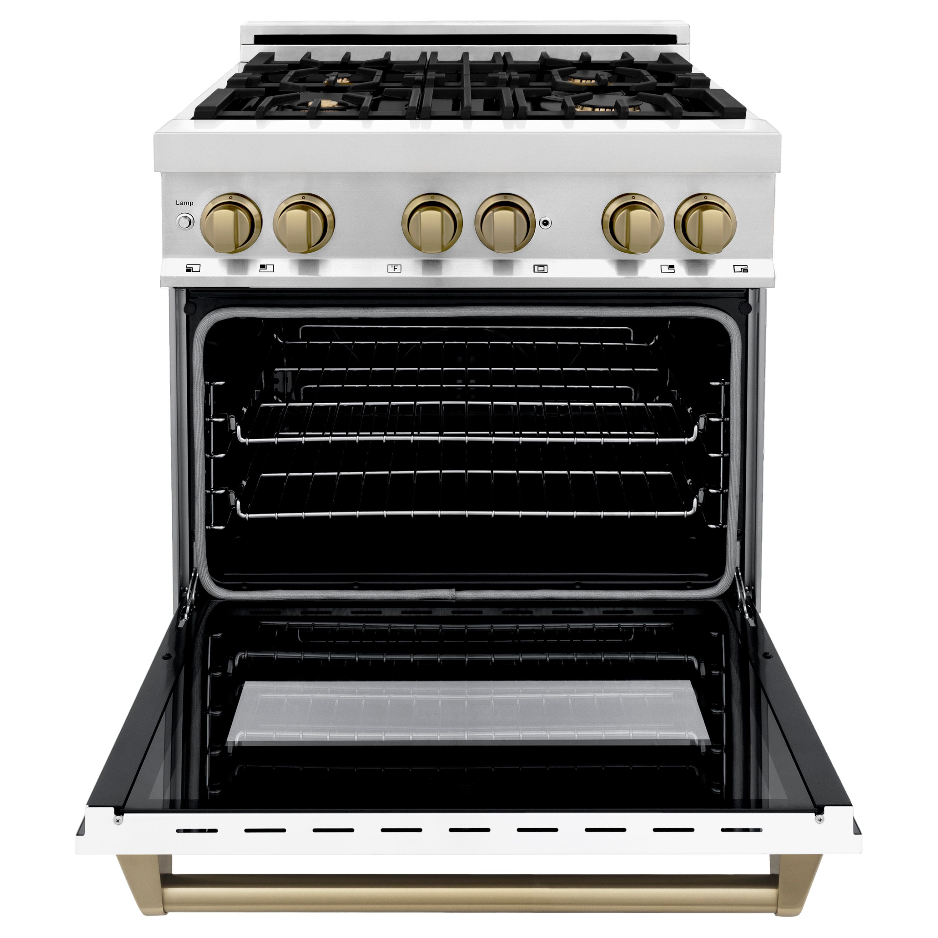 ZLINE Autograph 30 in. 4.0 cu. ft. Dual Fuel Range with Gas Cooktop and Electric Convection Oven in Stainless Steel with White Matte Door and Champagne Bronze Accents (RAZ-WM-30-CB)