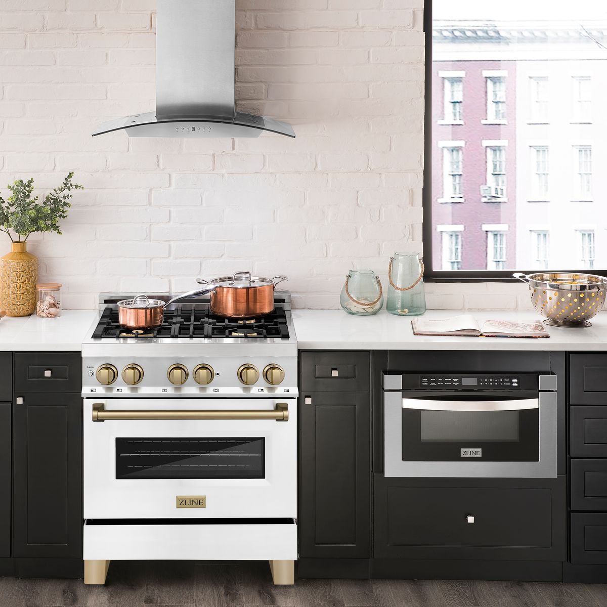 ZLINE Autograph 30 in. 4.0 cu. ft. Dual Fuel Range with Gas Cooktop and Electric Convection Oven in Stainless Steel with White Matte Door and Champagne Bronze Accents (RAZ-WM-30-CB)