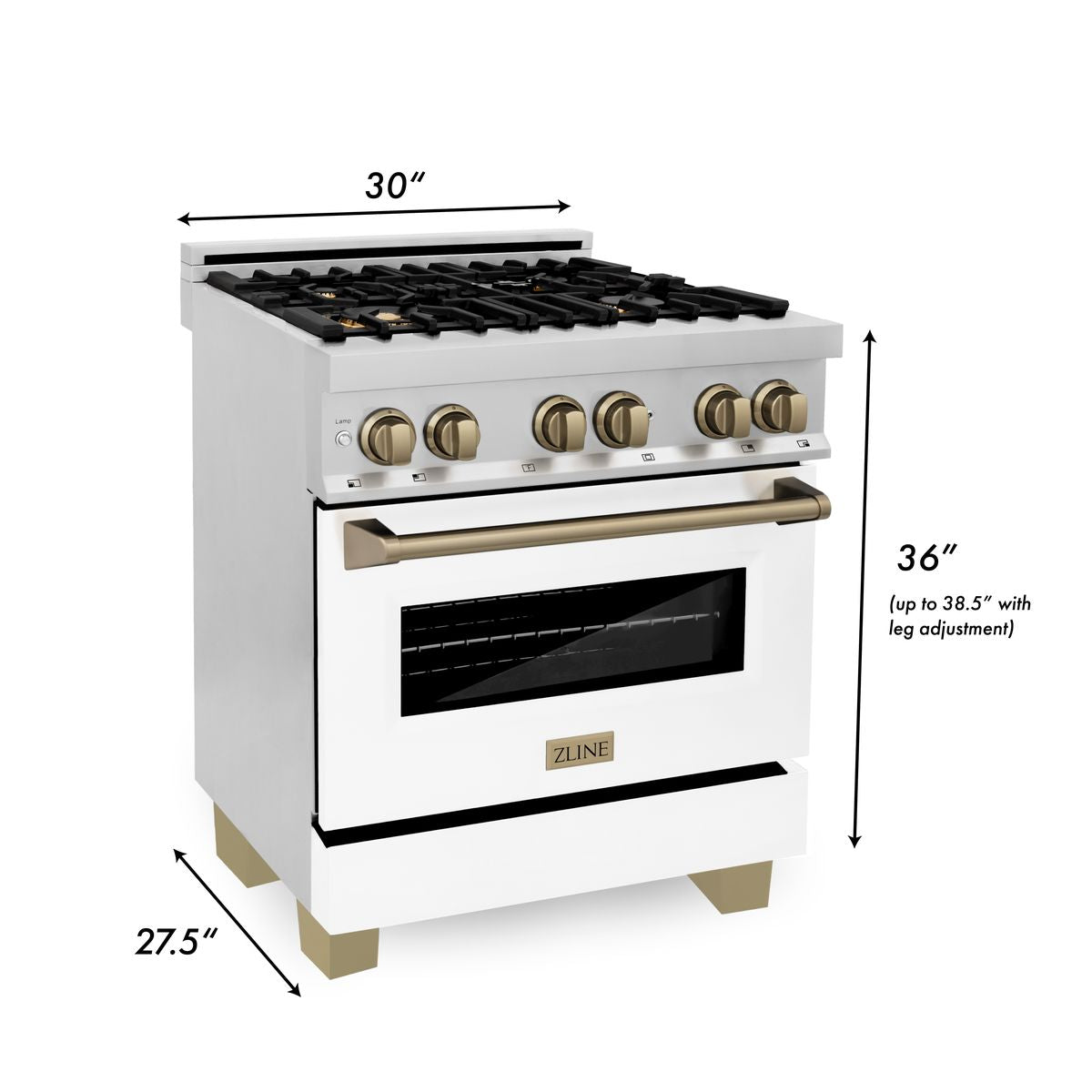 ZLINE Autograph 30 in. 4.0 cu. ft. Dual Fuel Range with Gas Cooktop and Electric Convection Oven in Stainless Steel with White Matte Door and Champagne Bronze Accents (RAZ-WM-30-CB)