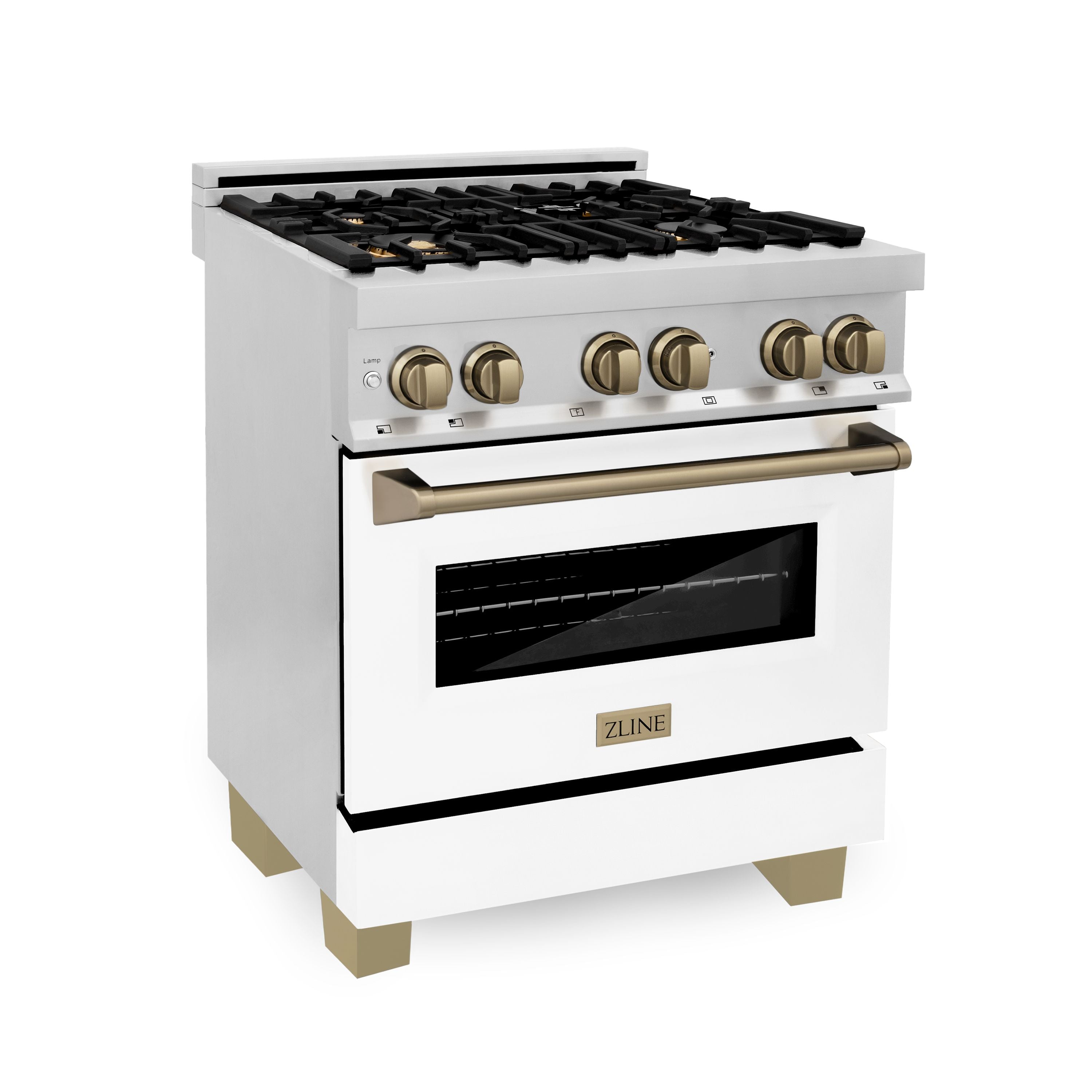 ZLINE Autograph 30 in. 4.0 cu. ft. Dual Fuel Range with Gas Cooktop and Electric Convection Oven in Stainless Steel with White Matte Door and Champagne Bronze Accents (RAZ-WM-30-CB)