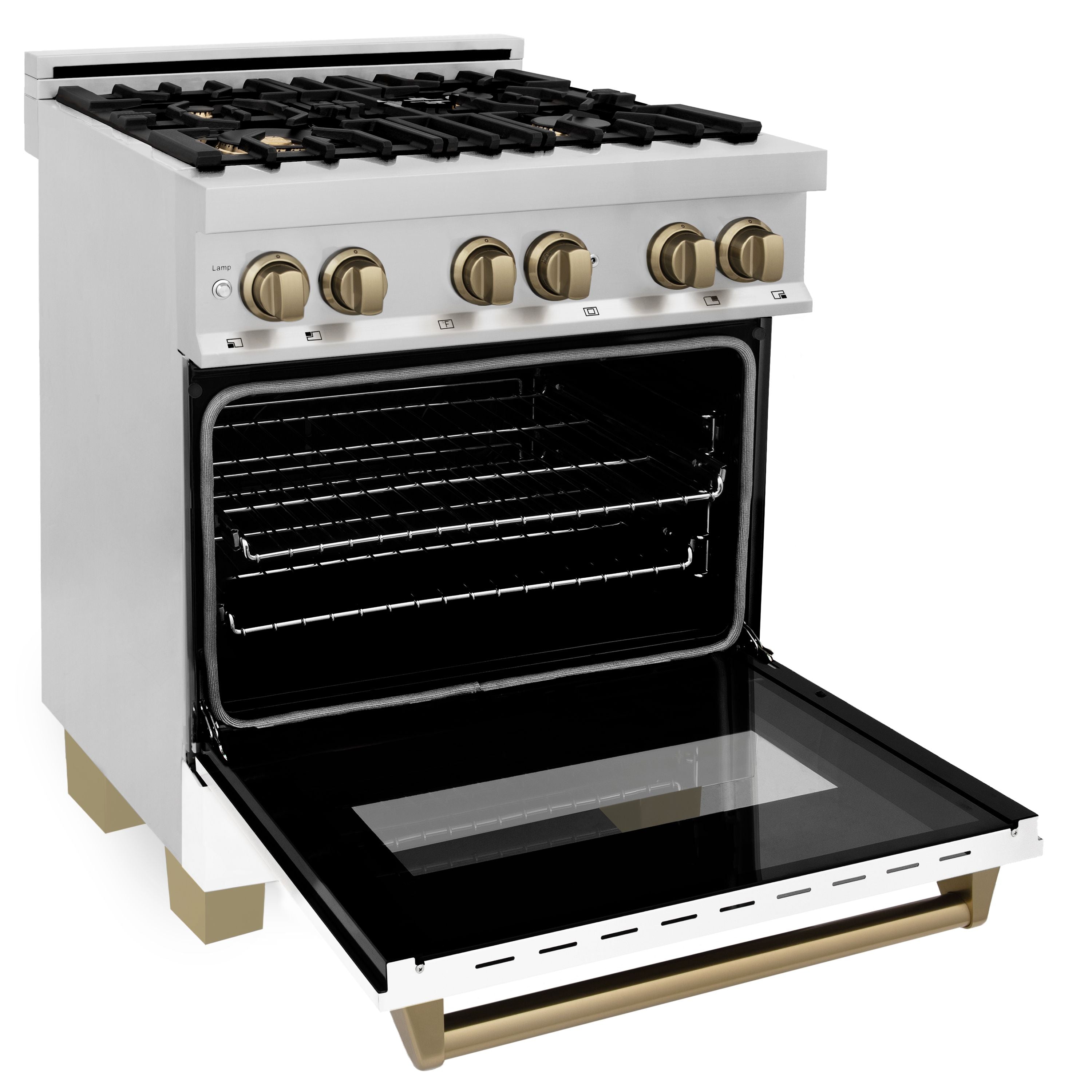 ZLINE Autograph 30 in. 4.0 cu. ft. Dual Fuel Range with Gas Cooktop and Electric Convection Oven in Stainless Steel with White Matte Door and Champagne Bronze Accents (RAZ-WM-30-CB)
