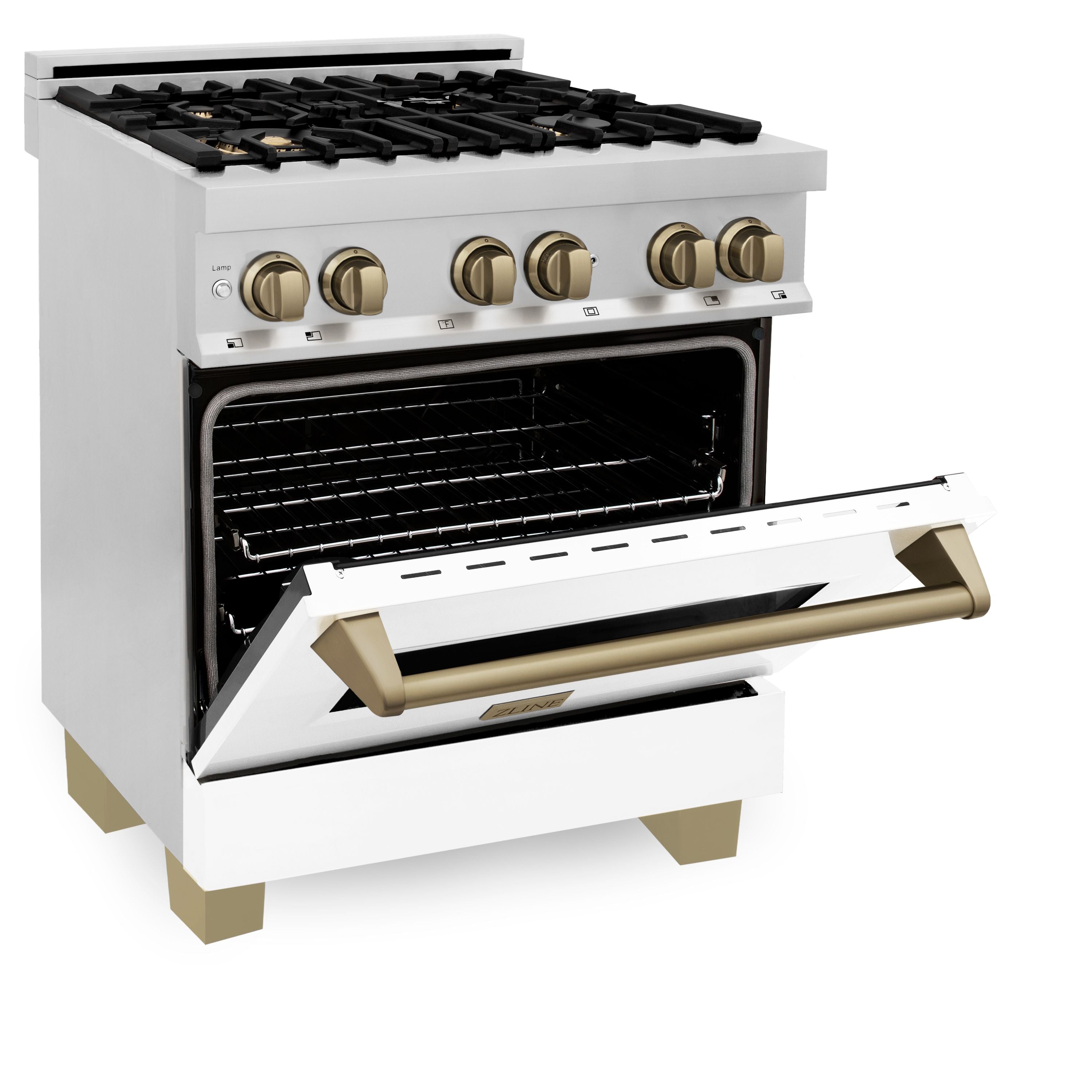 ZLINE Autograph 30 in. 4.0 cu. ft. Dual Fuel Range with Gas Cooktop and Electric Convection Oven in Stainless Steel with White Matte Door and Champagne Bronze Accents (RAZ-WM-30-CB)