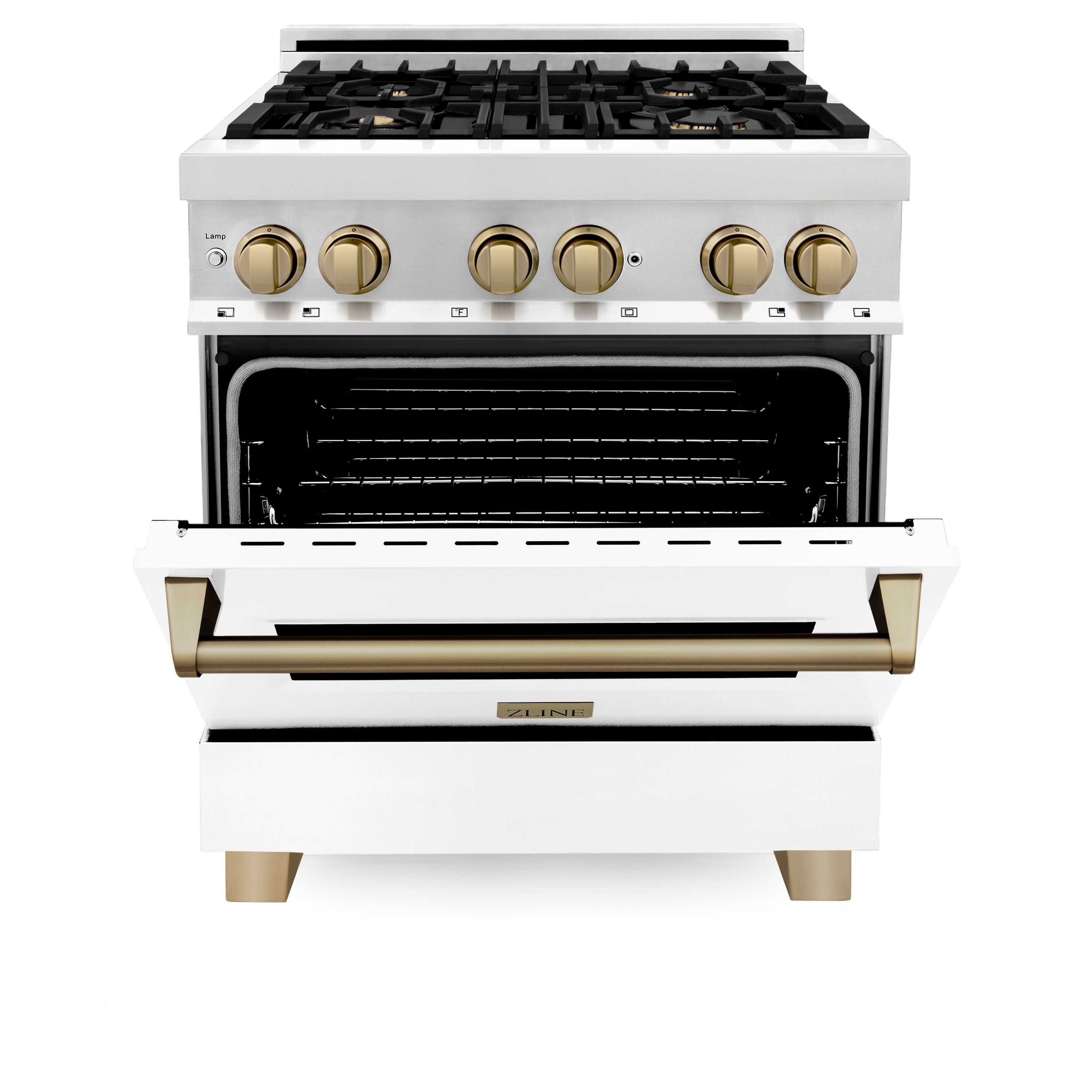 ZLINE Autograph Package - 30" Dual Fuel Range, Range Hood, Dishwasher with White Matte, Bronze Accents