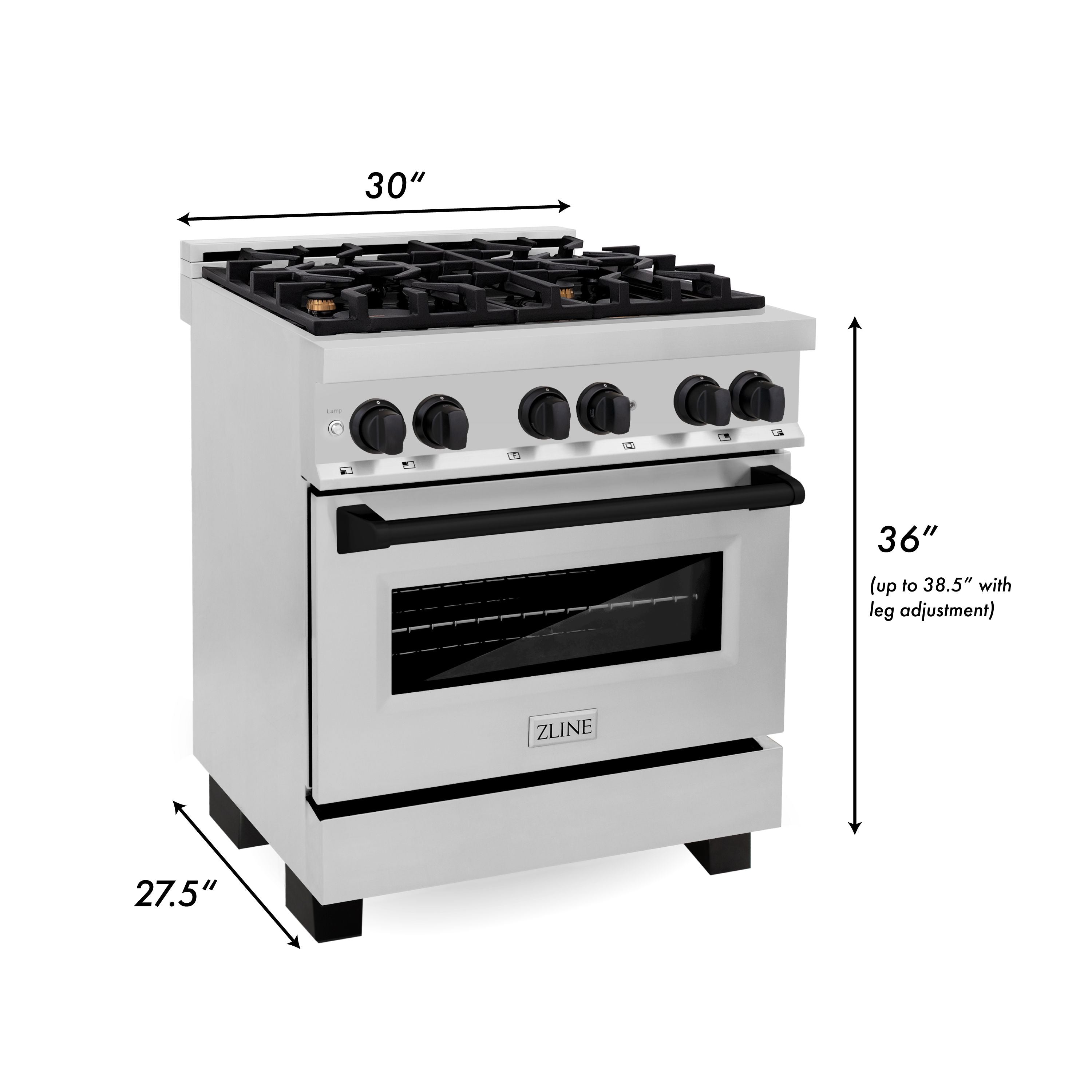 ZLINE Autograph 30 in. 4.0 cu. ft. Dual Fuel Range with Gas Cooktop and Electric Convection Oven in Stainless Steel with Black Matte Accents (RAZ-30-MB)
