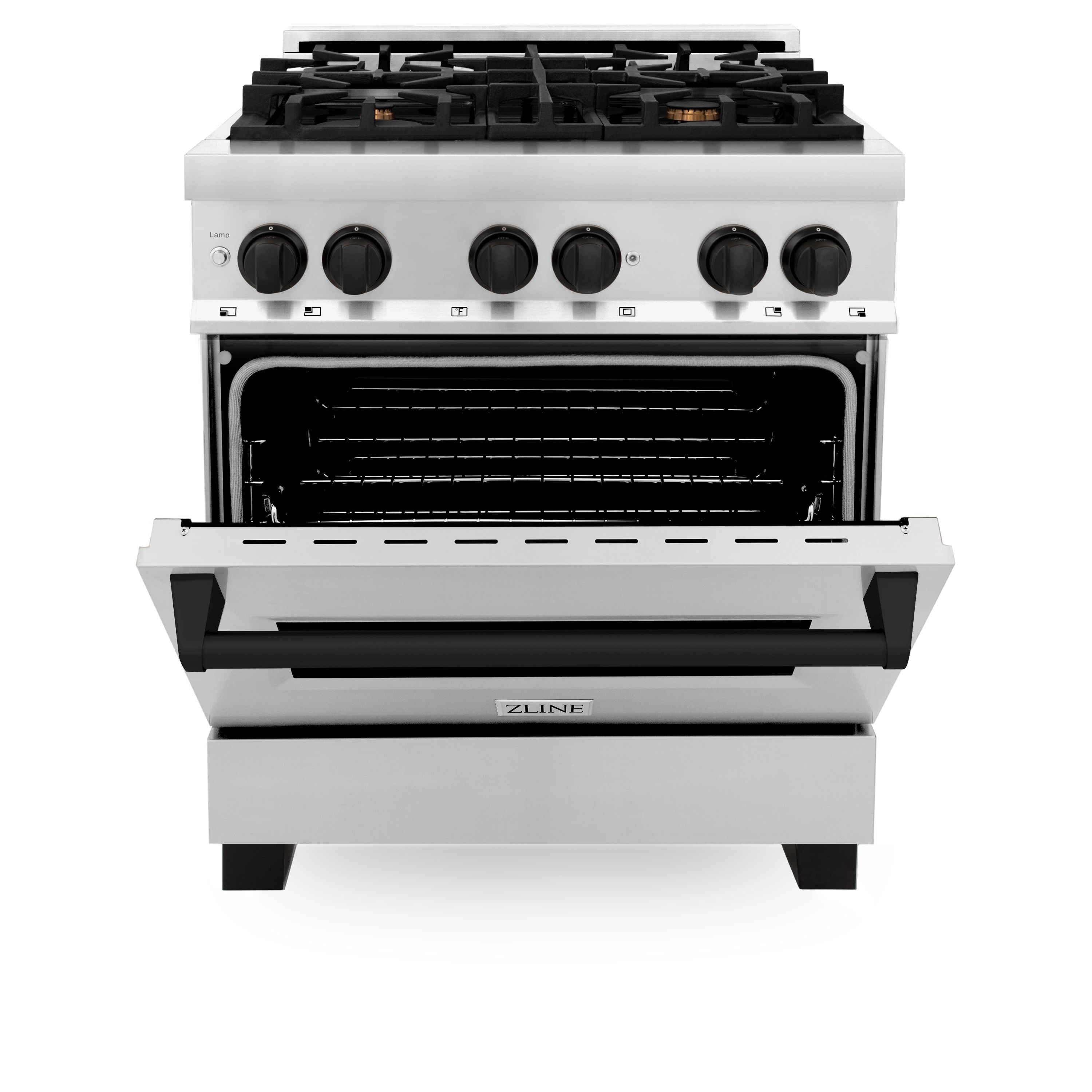 ZLINE Autograph 30 in. 4.0 cu. ft. Dual Fuel Range with Gas Cooktop and Electric Convection Oven in Stainless Steel with Black Matte Accents (RAZ-30-MB)