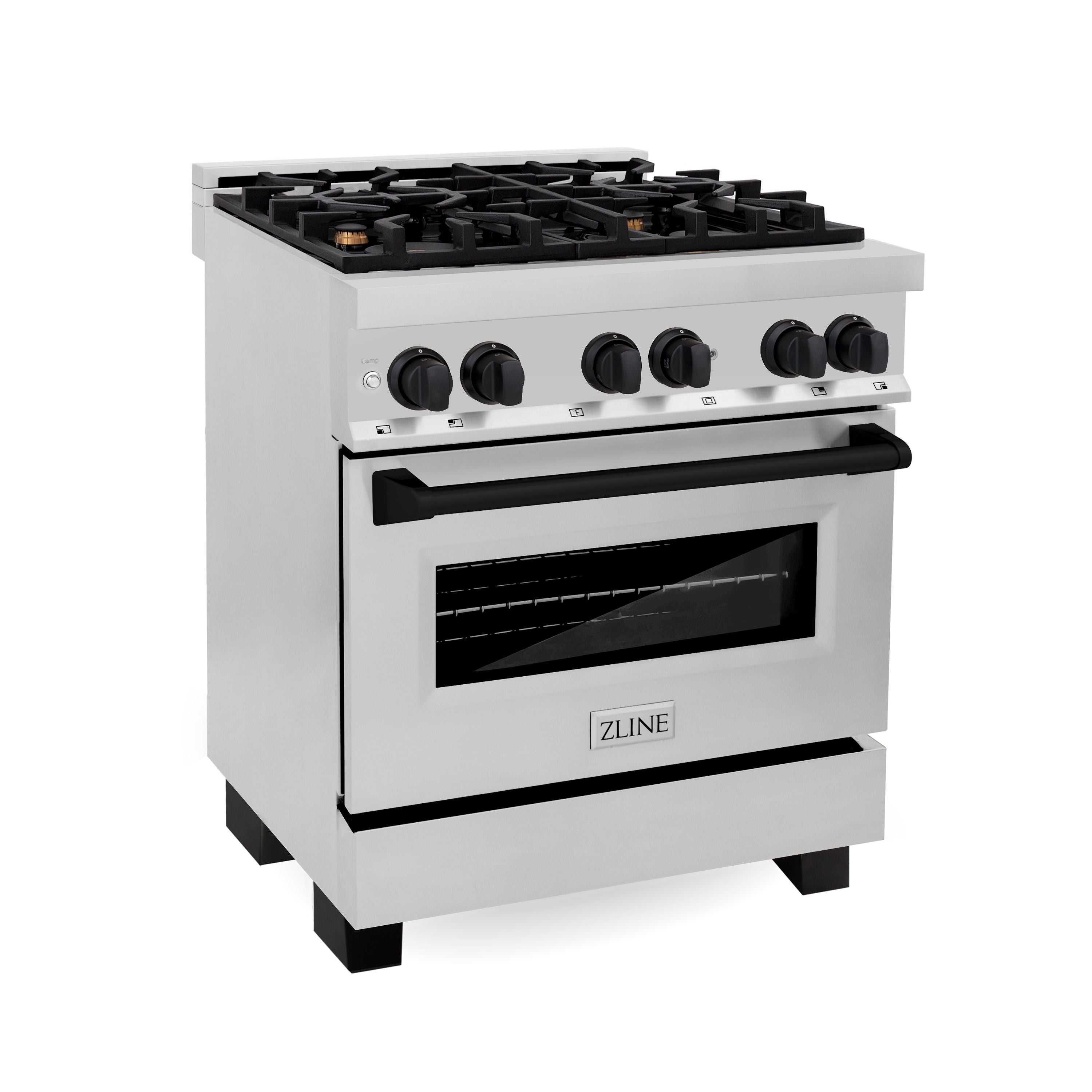 ZLINE Autograph 30 in. 4.0 cu. ft. Dual Fuel Range with Gas Cooktop and Electric Convection Oven in Stainless Steel with Black Matte Accents (RAZ-30-MB)