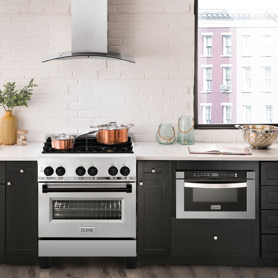 ZLINE Autograph 30 in. 4.0 cu. ft. Dual Fuel Range with Gas Cooktop and Electric Convection Oven in Stainless Steel with Black Matte Accents (RAZ-30-MB)