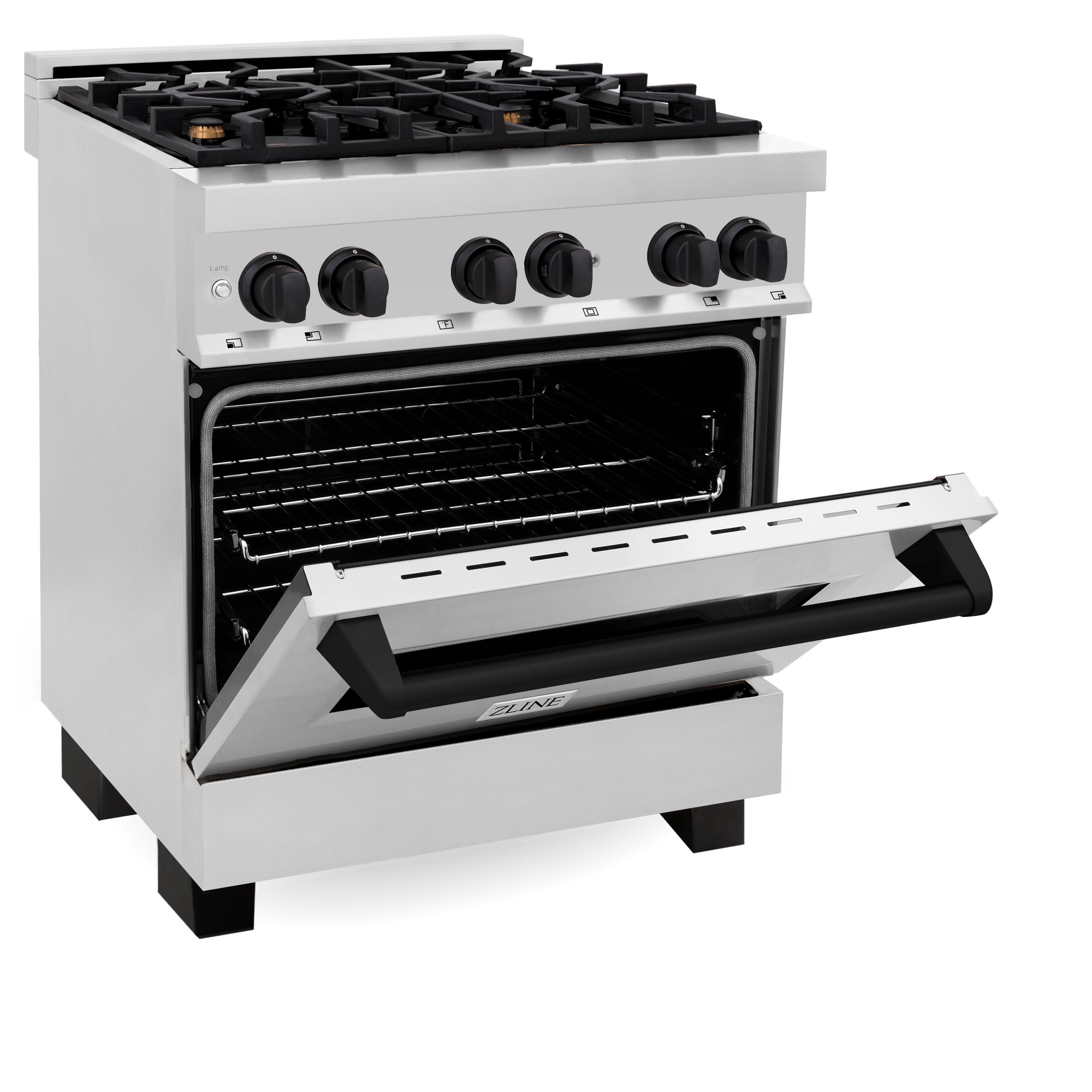 ZLINE Autograph 30 in. 4.0 cu. ft. Dual Fuel Range with Gas Cooktop and Electric Convection Oven in Stainless Steel with Black Matte Accents (RAZ-30-MB)