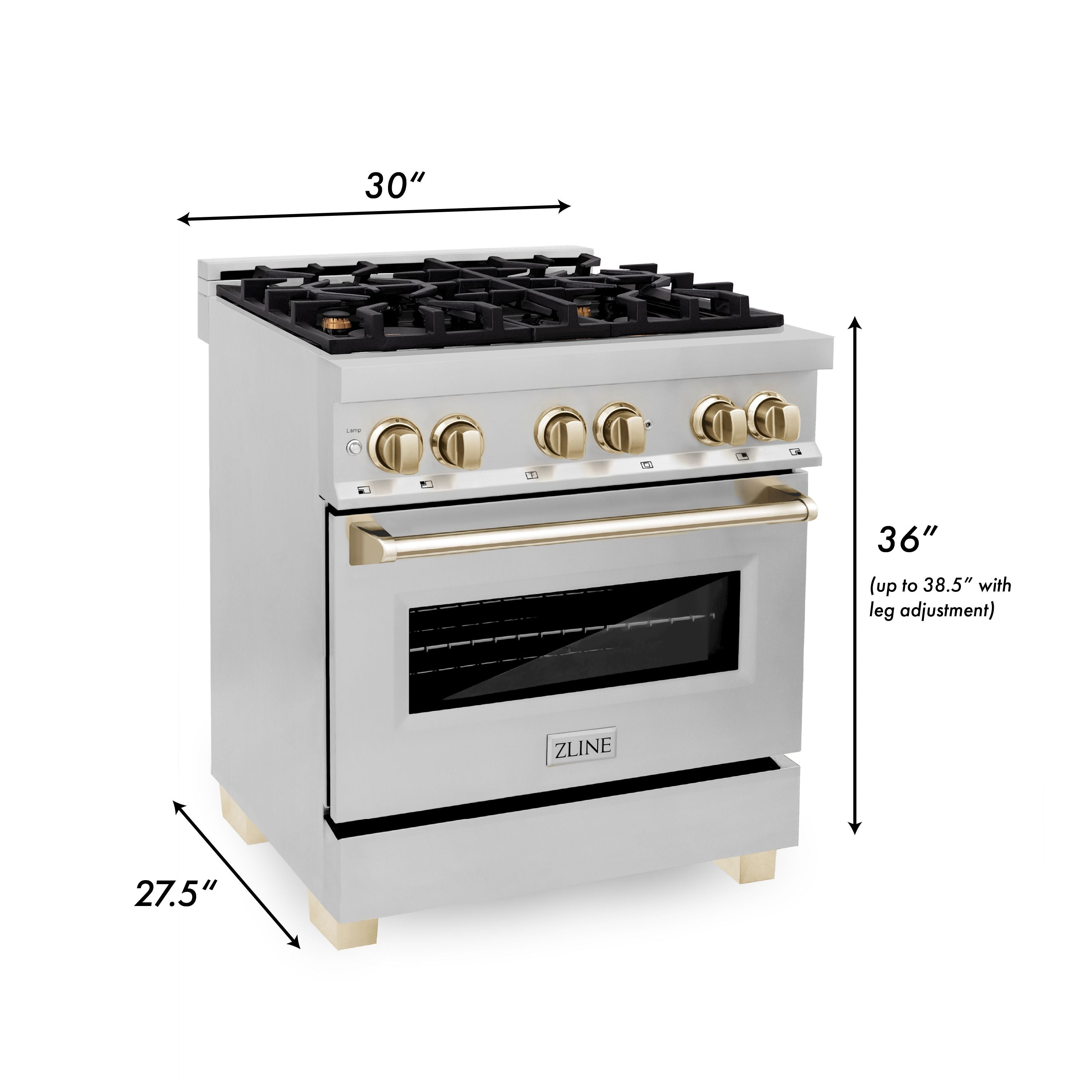 ZLINE Autograph Edition 30 in. Dual Fuel Range, 4.0 cu. ft. Electric Convection Oven, Stainless Steel with Gold Accents (RAZ-30-G)