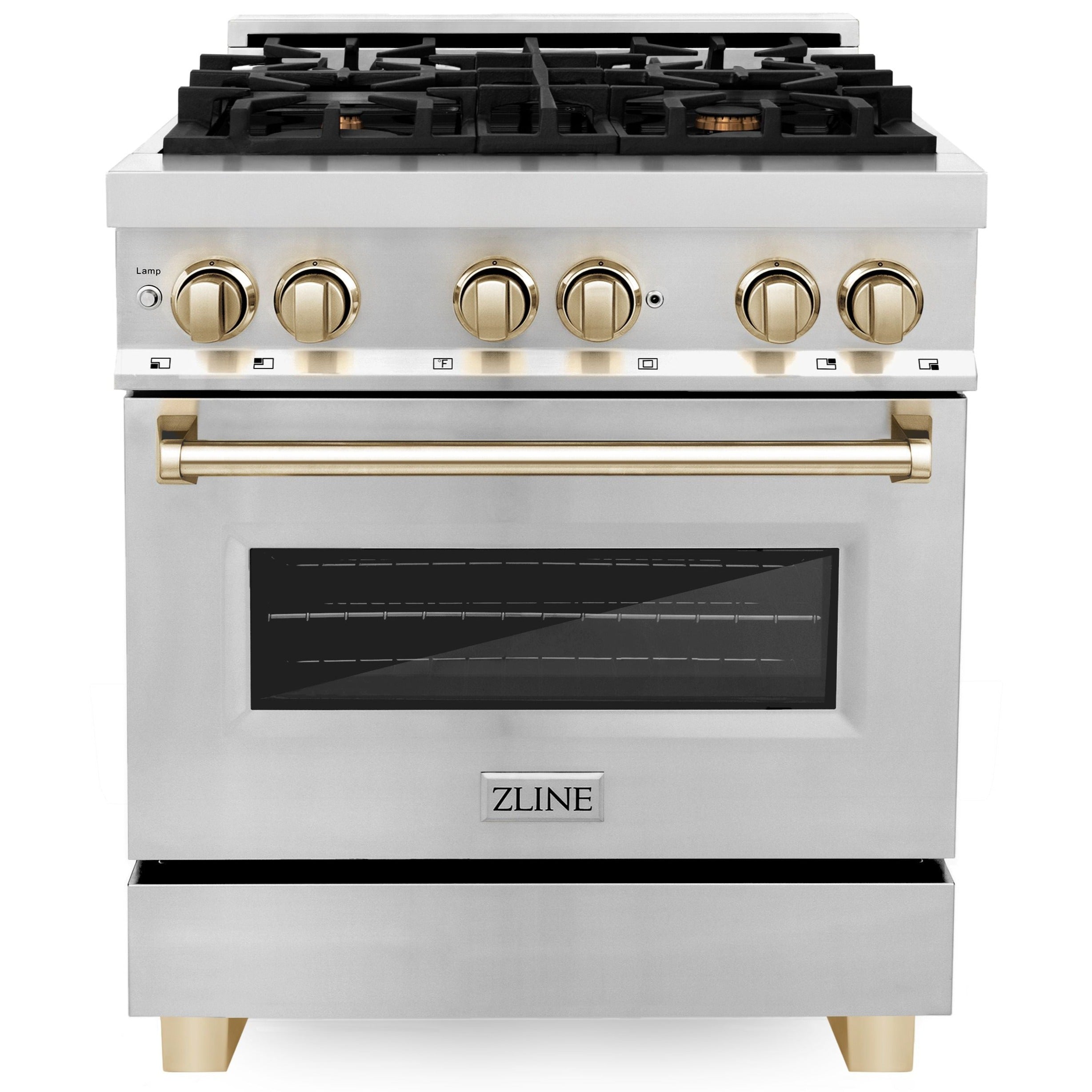ZLINE Autograph Edition 30 in. Dual Fuel Range, 4.0 cu. ft. Electric Convection Oven, Stainless Steel with Gold Accents (RAZ-30-G)