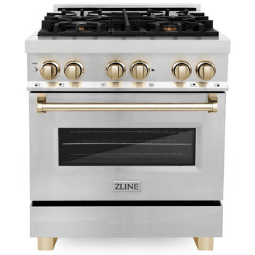 ZLINE Autograph Edition 30 in. Dual Fuel Range, 4.0 cu. ft. Electric Convection Oven, Stainless Steel with Gold Accents (RAZ-30-G)