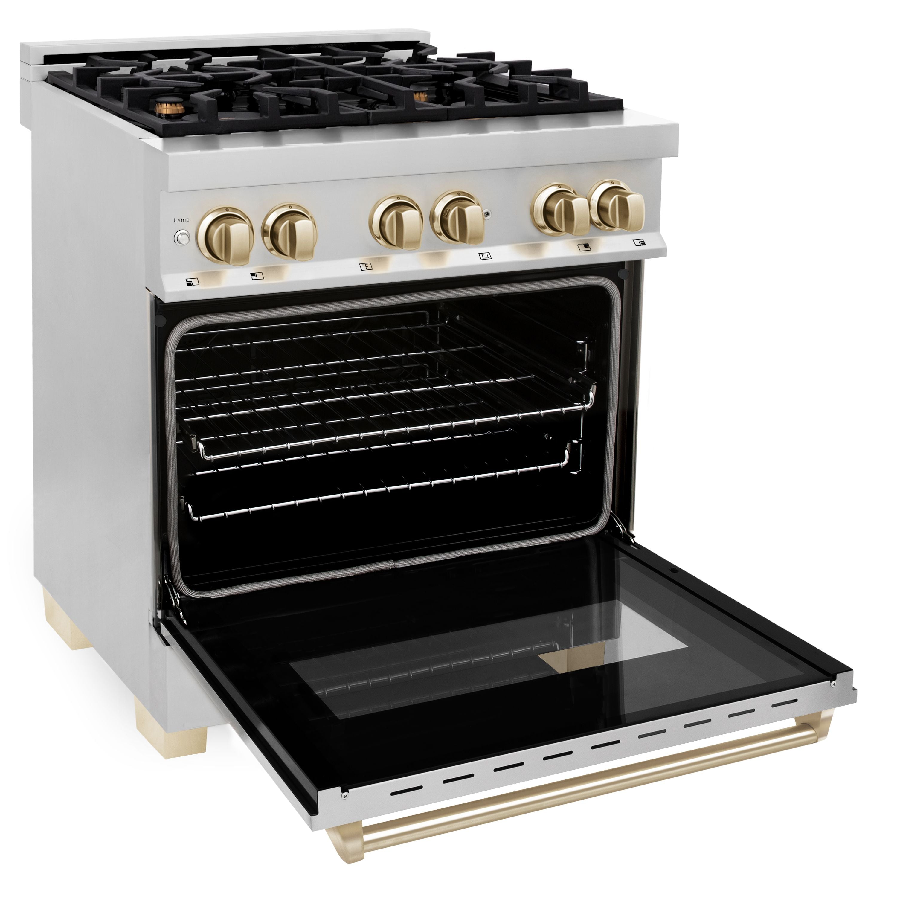 ZLINE Autograph Edition 30 in. Dual Fuel Range, 4.0 cu. ft. Electric Convection Oven, Stainless Steel with Gold Accents (RAZ-30-G)
