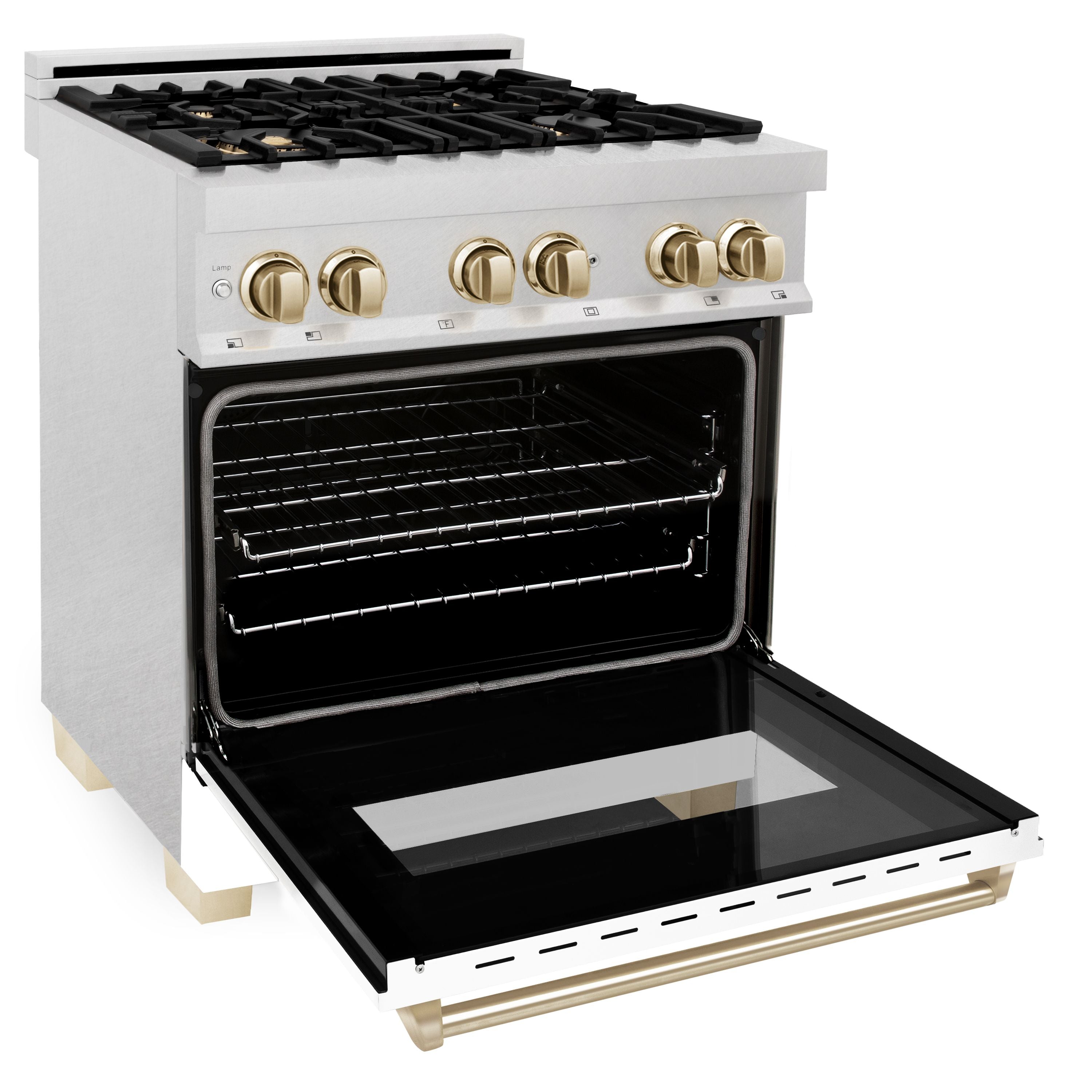 ZLINE Autograph Edition 30 in. 4.0 cu. ft. Legacy Dual Fuel Range with 4 Burner Gas Cooktop and Electric Convection Oven in Satin Stainless Steel with White Matte Door and Polished Gold Accents (RASZ-WM-30-G)