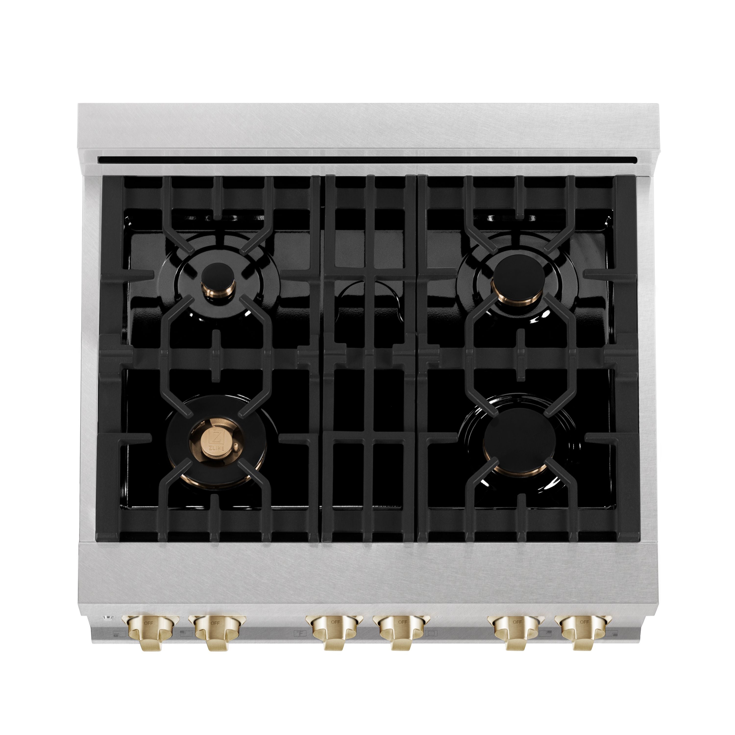 ZLINE Autograph Edition 30 in. 4.0 cu. ft. Legacy Dual Fuel Range with 4 Burner Gas Cooktop and Electric Convection Oven in Satin Stainless Steel with White Matte Door and Polished Gold Accents (RASZ-WM-30-G)