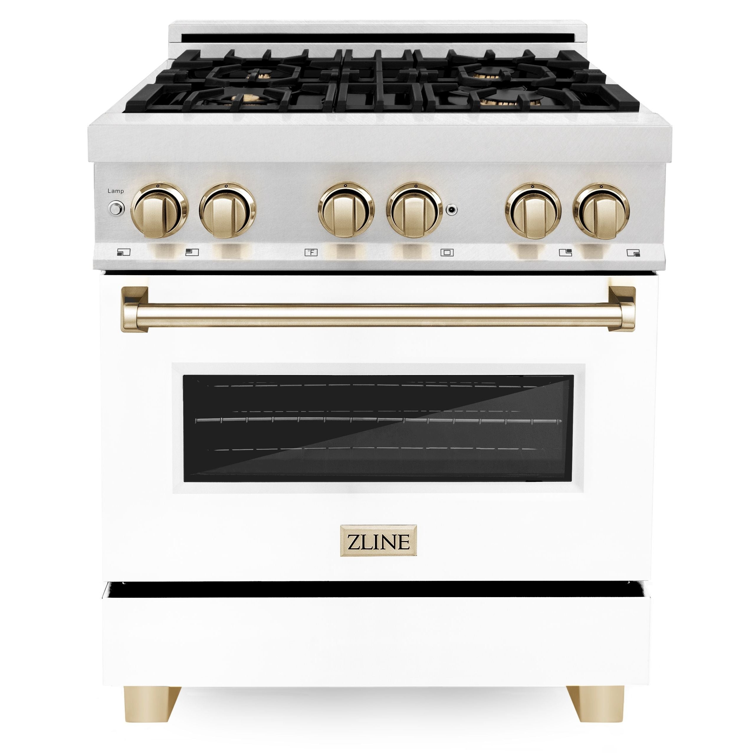ZLINE Autograph Edition 30 in. 4.0 cu. ft. Legacy Dual Fuel Range with 4 Burner Gas Cooktop and Electric Convection Oven in Satin Stainless Steel with White Matte Door and Polished Gold Accents (RASZ-WM-30-G)
