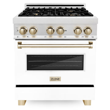 ZLINE Autograph Edition 30 in. 4.0 cu. ft. Legacy Dual Fuel Range with 4 Burner Gas Cooktop and Electric Convection Oven in Satin Stainless Steel with White Matte Door and Polished Gold Accents (RASZ-WM-30-G)