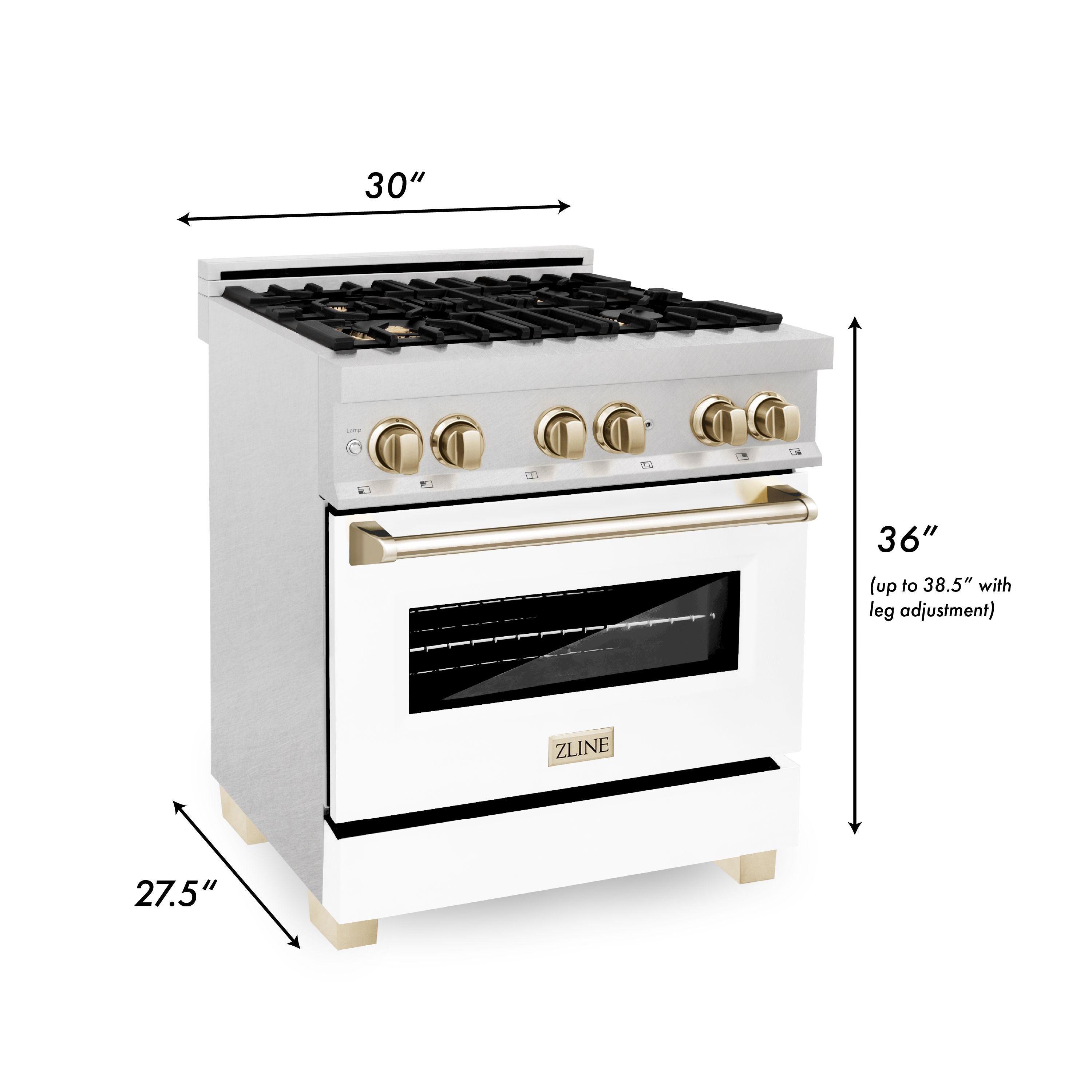 ZLINE Autograph Edition 30 in. 4.0 cu. ft. Legacy Dual Fuel Range with 4 Burner Gas Cooktop and Electric Convection Oven in Satin Stainless Steel with White Matte Door and Polished Gold Accents (RASZ-WM-30-G)