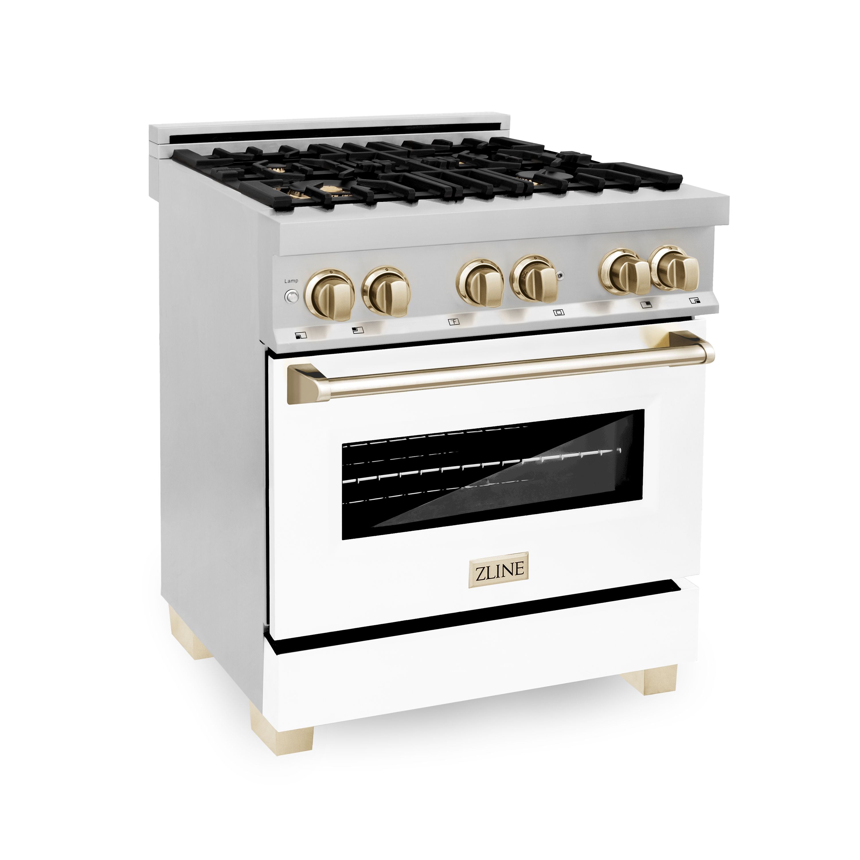 ZLINE Kitchen and Bath Autograph Edition 30 in. Dual Fuel Range, 4.0 cu. ft. Electric Convection Oven, 4 Gas Burners, White Matte Door with Gold Accents (Model RAZ-WM-30-G)