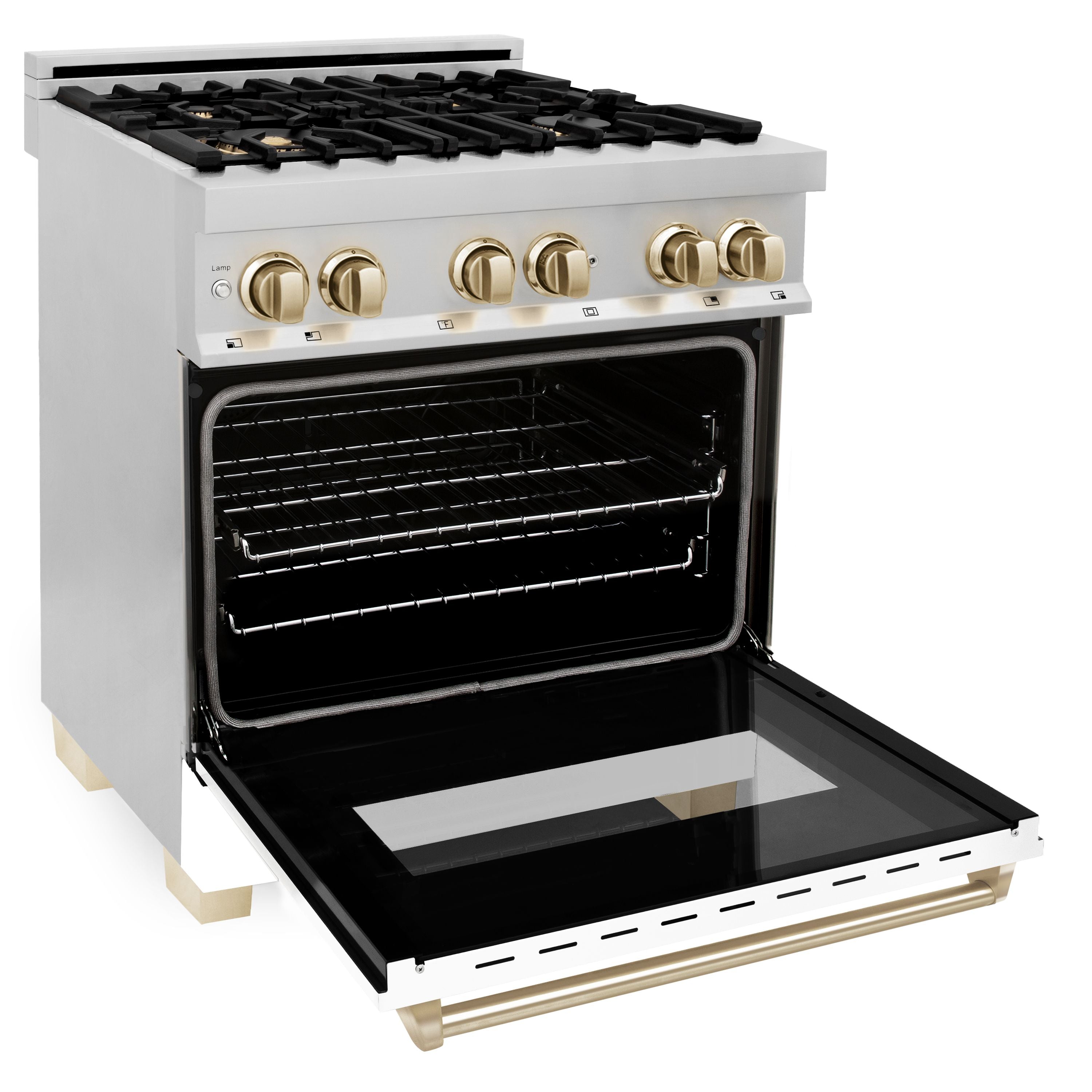 ZLINE Kitchen and Bath Autograph Edition 30 in. Dual Fuel Range, 4.0 cu. ft. Electric Convection Oven, 4 Gas Burners, White Matte Door with Gold Accents (Model RAZ-WM-30-G)