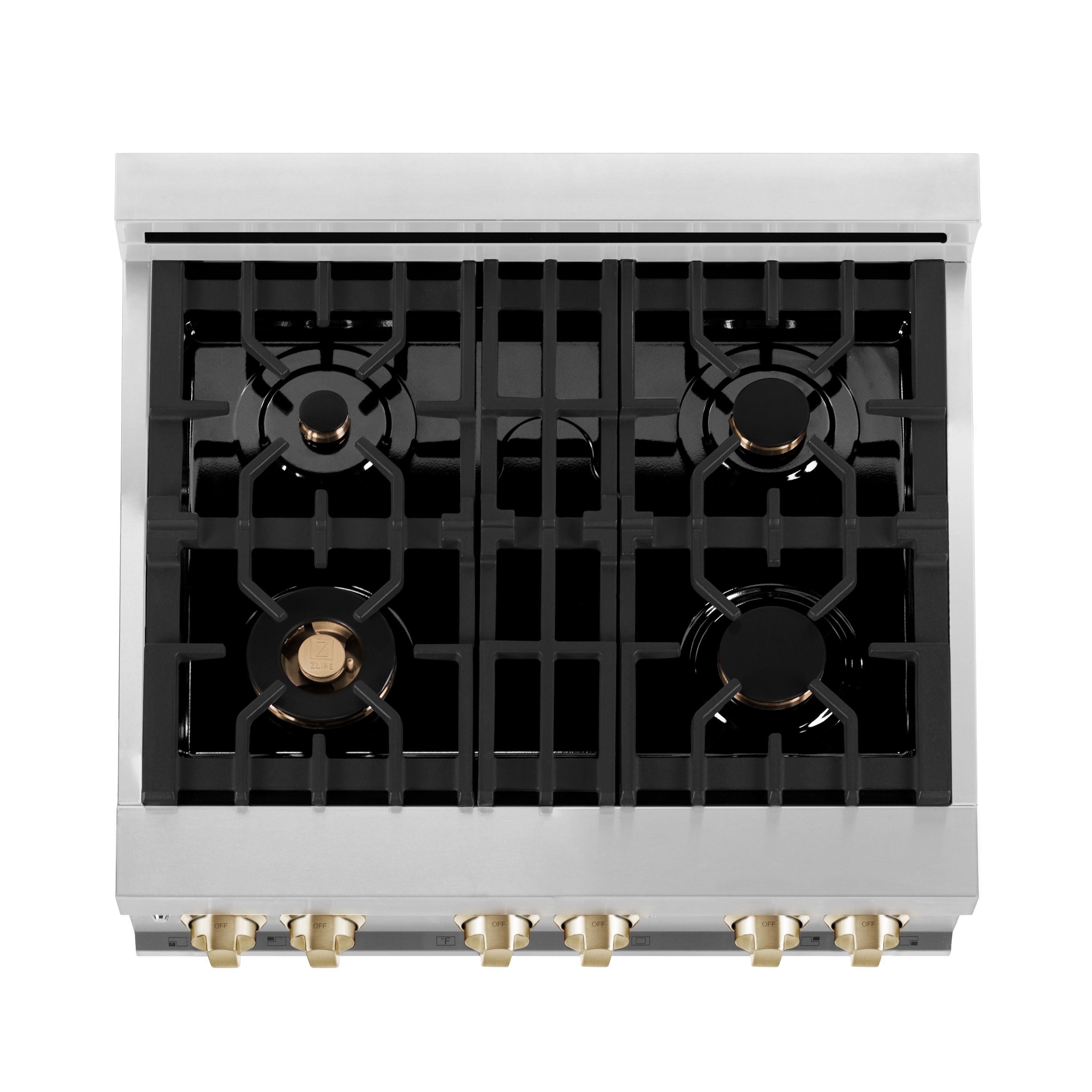 ZLINE Kitchen and Bath Autograph Edition 30 in. Dual Fuel Range, 4.0 cu. ft. Electric Convection Oven, 4 Gas Burners, White Matte Door with Gold Accents (Model RAZ-WM-30-G)