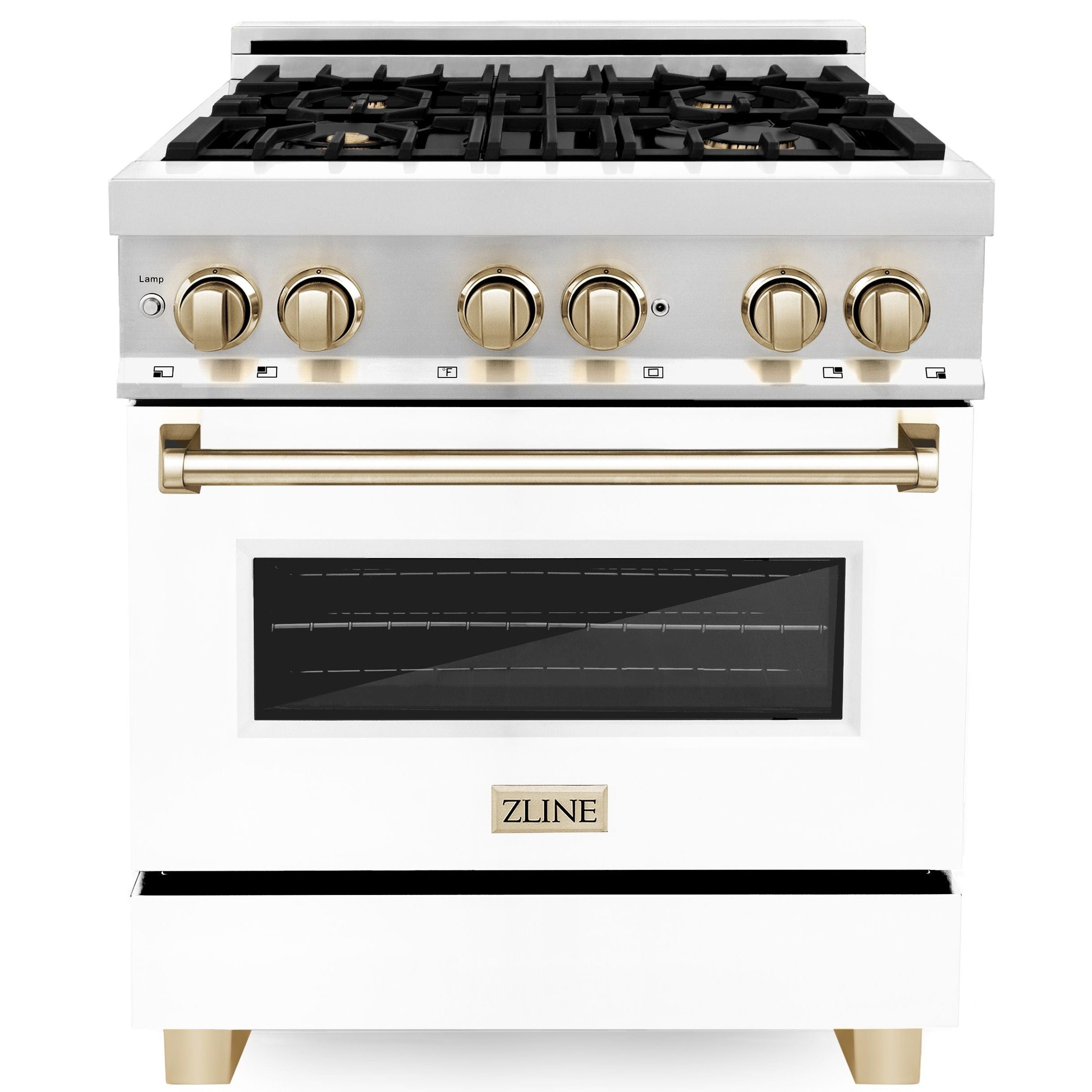 ZLINE Kitchen and Bath Autograph Edition 30 in. Dual Fuel Range, 4.0 cu. ft. Electric Convection Oven, 4 Gas Burners, White Matte Door with Gold Accents (Model RAZ-WM-30-G)