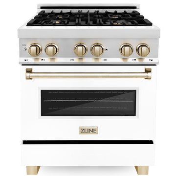 ZLINE Kitchen and Bath Autograph Edition 30 in. Dual Fuel Range, 4.0 cu. ft. Electric Convection Oven, 4 Gas Burners, White Matte Door with Gold Accents (Model RAZ-WM-30-G)