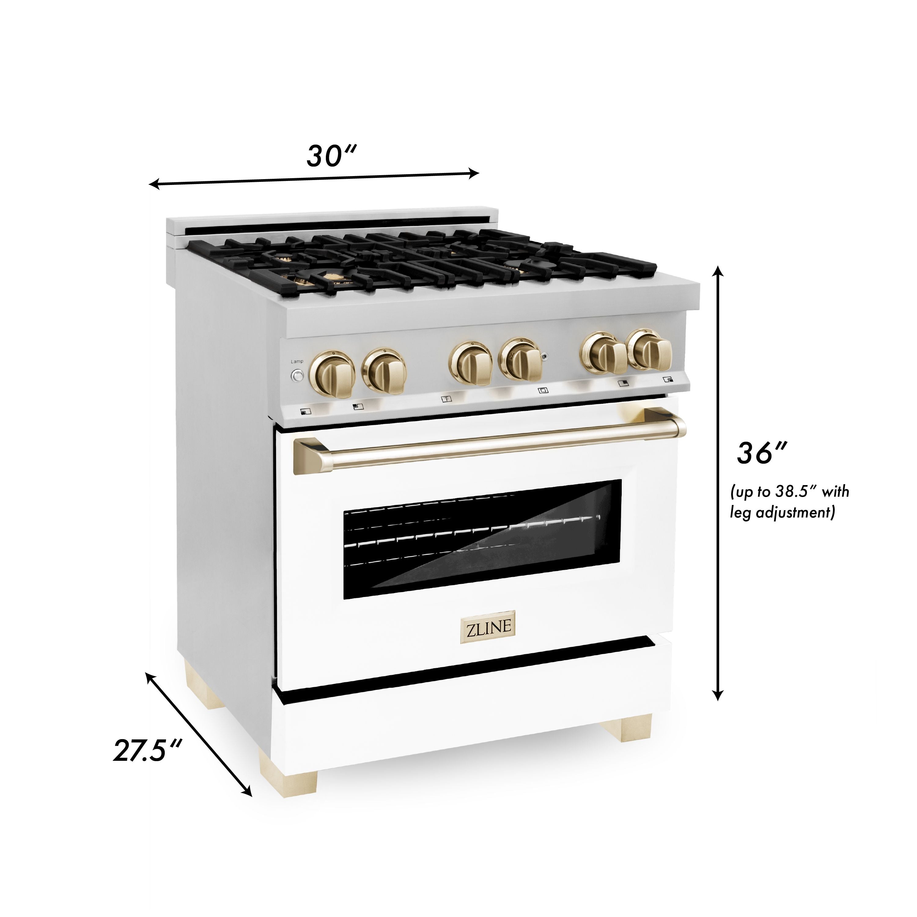 ZLINE Kitchen and Bath Autograph Edition 30 in. Dual Fuel Range, 4.0 cu. ft. Electric Convection Oven, 4 Gas Burners, White Matte Door with Gold Accents (Model RAZ-WM-30-G)