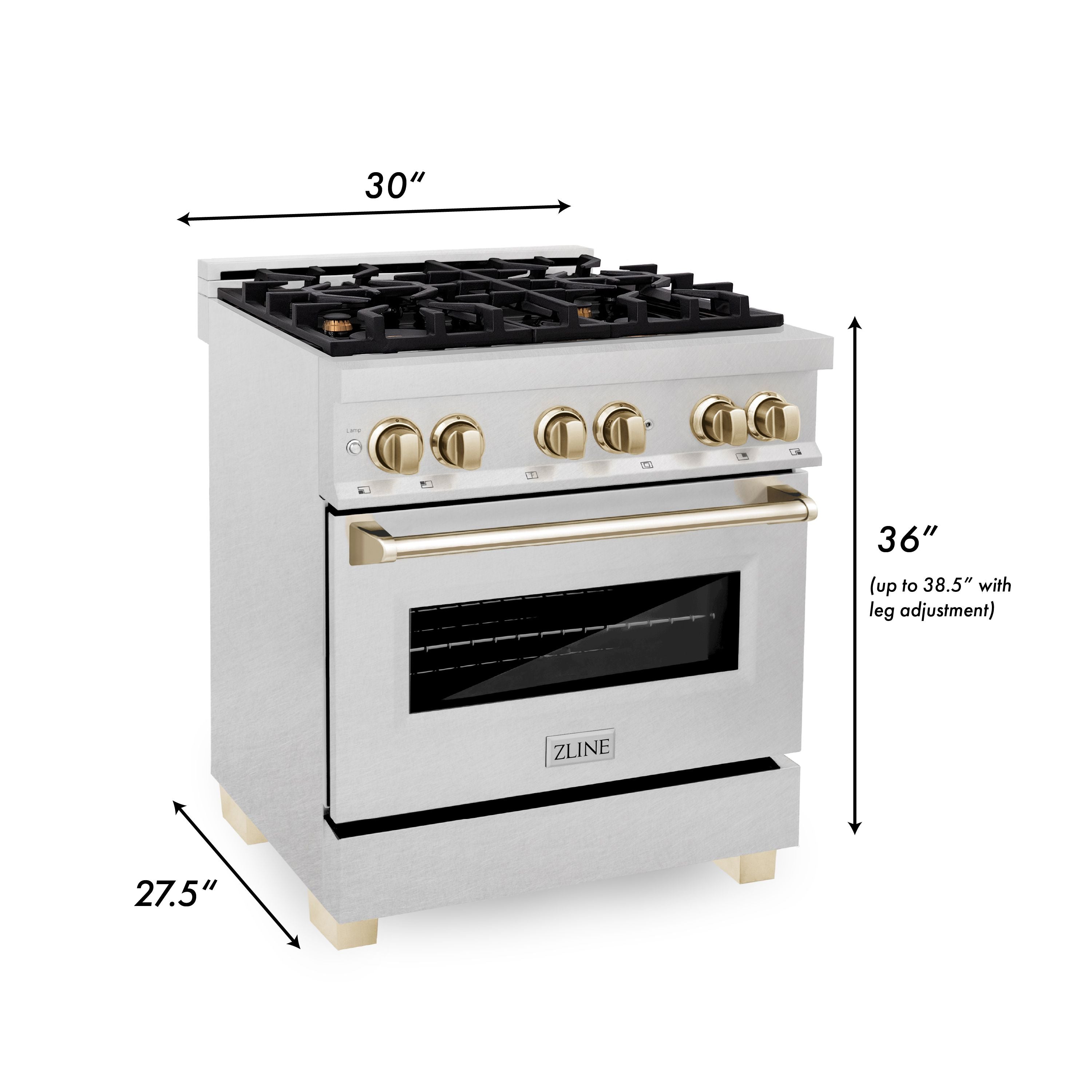 ZLINE Autograph 30 in. Legacy Dual Fuel Range, 4.0 cu. ft., 4 Burner Gas Cooktop, Electric Convection Oven, Satin Stainless Steel with Polished Gold Accents (RASZ-SN-30-G)