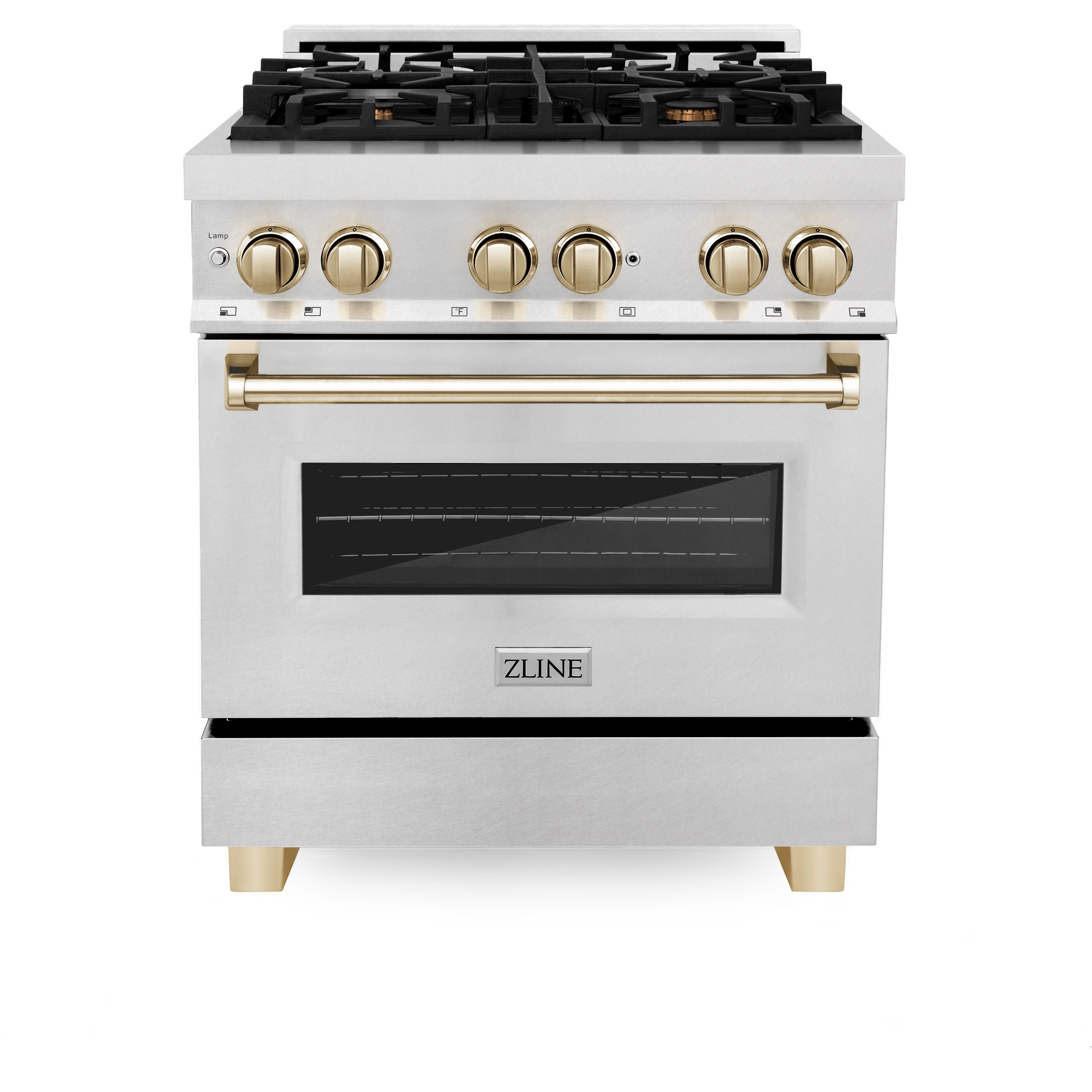 ZLINE Autograph 30 in. Legacy Dual Fuel Range, 4.0 cu. ft., 4 Burner Gas Cooktop, Electric Convection Oven, Satin Stainless Steel with Polished Gold Accents (RASZ-SN-30-G)