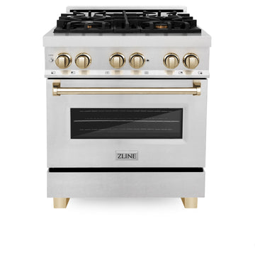 ZLINE Autograph 30 in. Legacy Dual Fuel Range, 4.0 cu. ft., 4 Burner Gas Cooktop, Electric Convection Oven, Satin Stainless Steel with Polished Gold Accents (RASZ-SN-30-G)