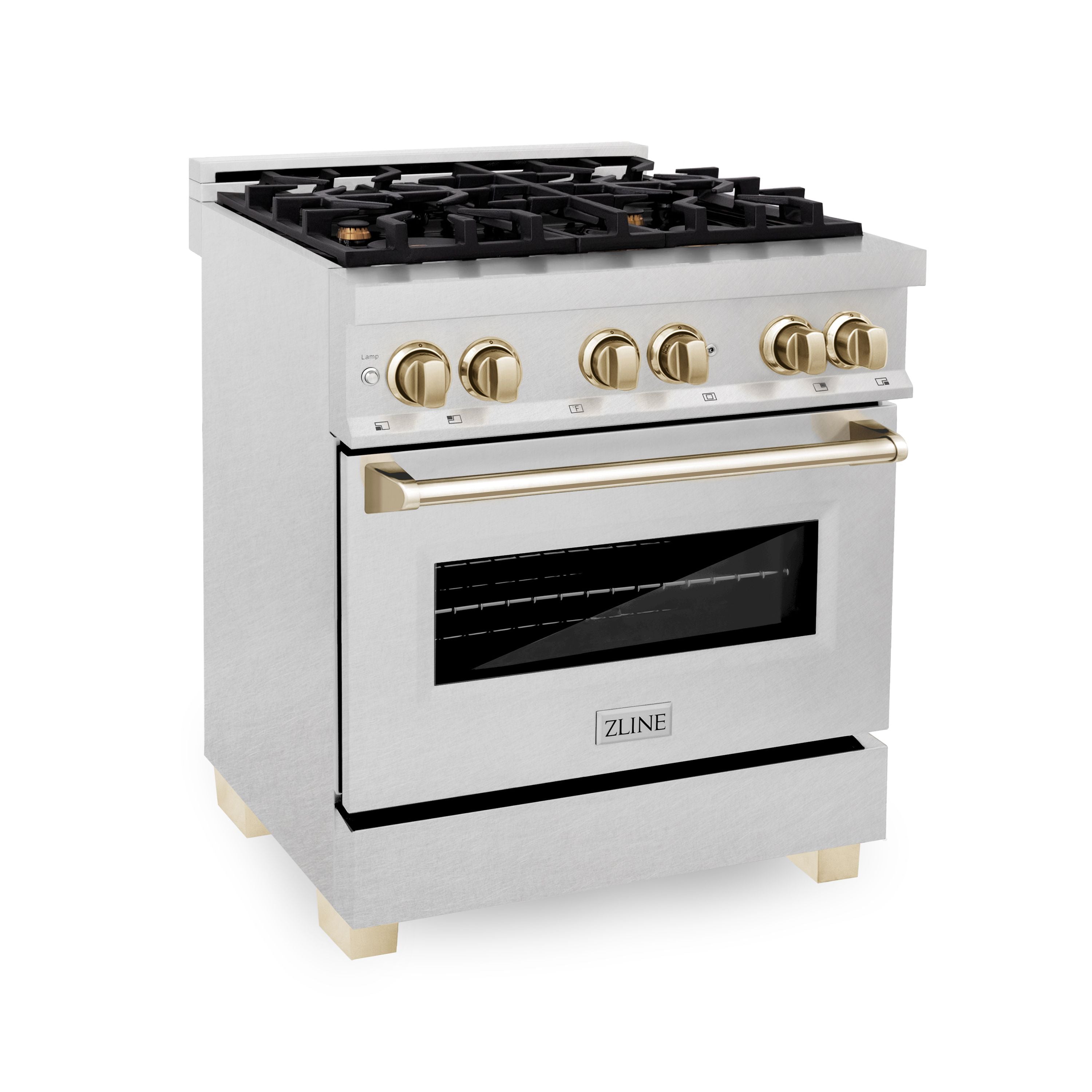 ZLINE Autograph 30 in. Legacy Dual Fuel Range, 4.0 cu. ft., 4 Burner Gas Cooktop, Electric Convection Oven, Satin Stainless Steel with Polished Gold Accents (RASZ-SN-30-G)
