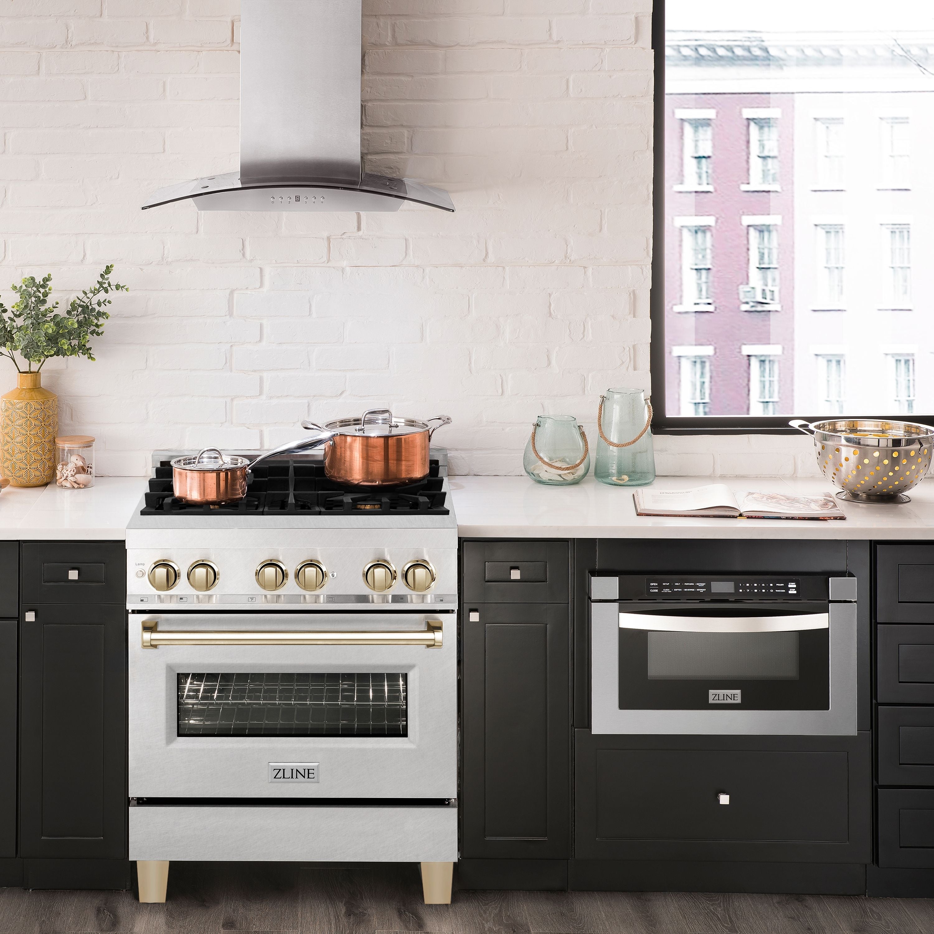 ZLINE Autograph 30 in. Legacy Dual Fuel Range, 4.0 cu. ft., 4 Burner Gas Cooktop, Electric Convection Oven, Satin Stainless Steel with Polished Gold Accents (RASZ-SN-30-G)