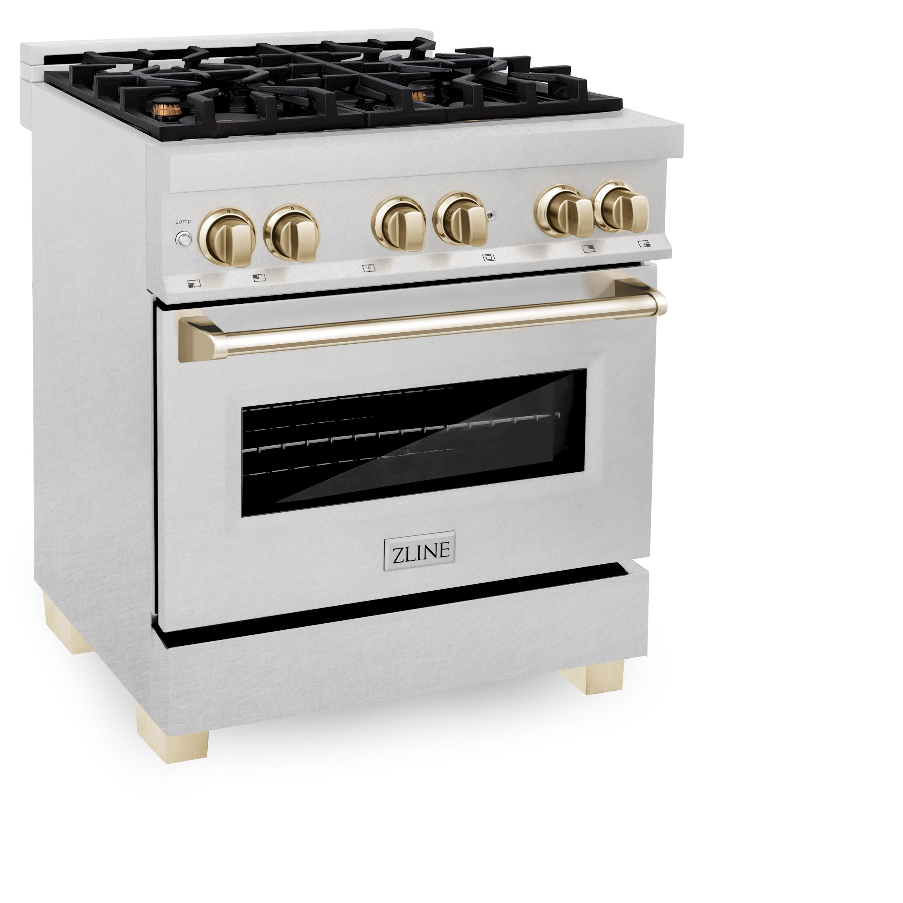 ZLINE Autograph 30 in. Legacy Dual Fuel Range, 4.0 cu. ft., 4 Burner Gas Cooktop, Electric Convection Oven, Satin Stainless Steel with Polished Gold Accents (RASZ-SN-30-G)