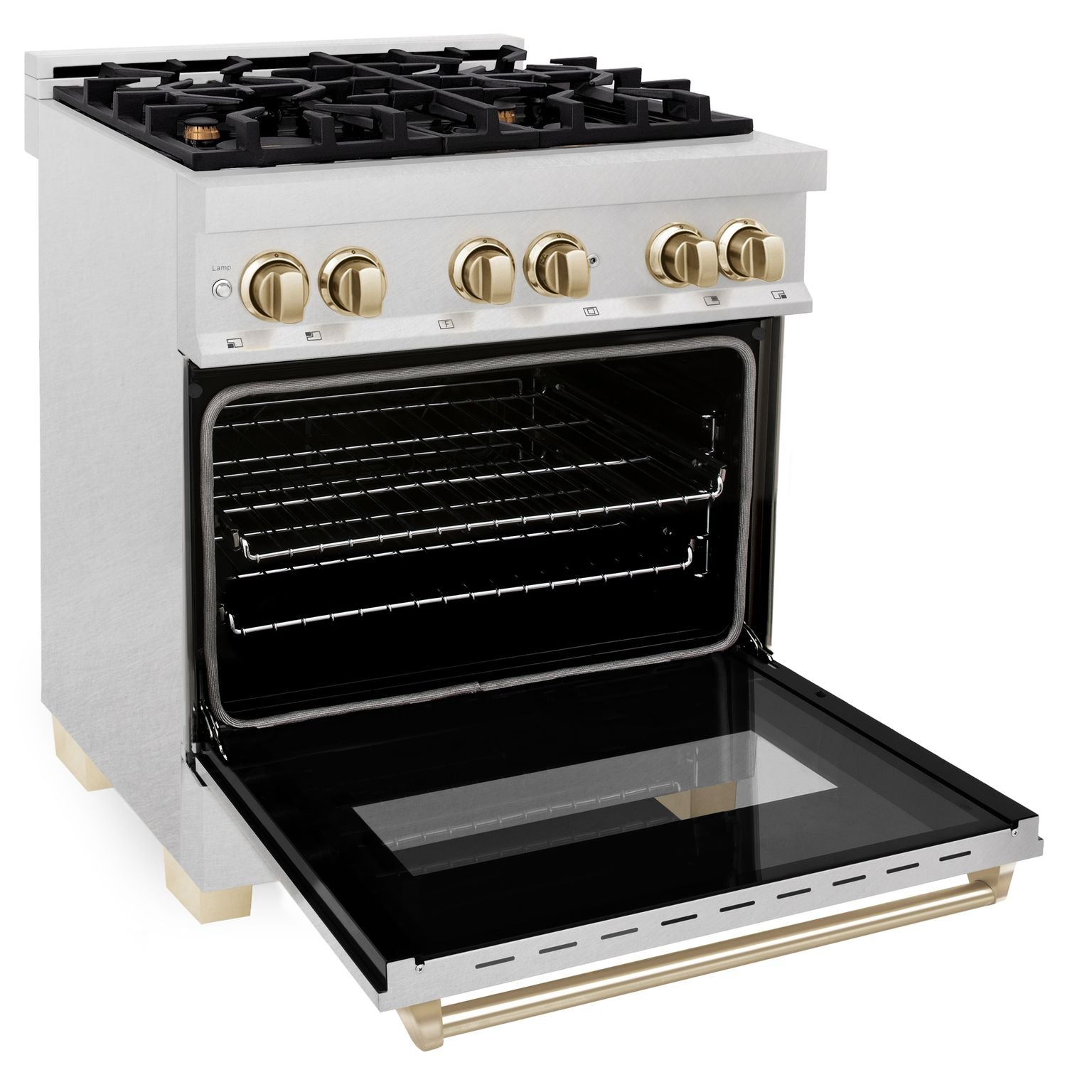 ZLINE Autograph 30 in. Legacy Dual Fuel Range, 4.0 cu. ft., 4 Burner Gas Cooktop, Electric Convection Oven, Satin Stainless Steel with Polished Gold Accents (RASZ-SN-30-G)
