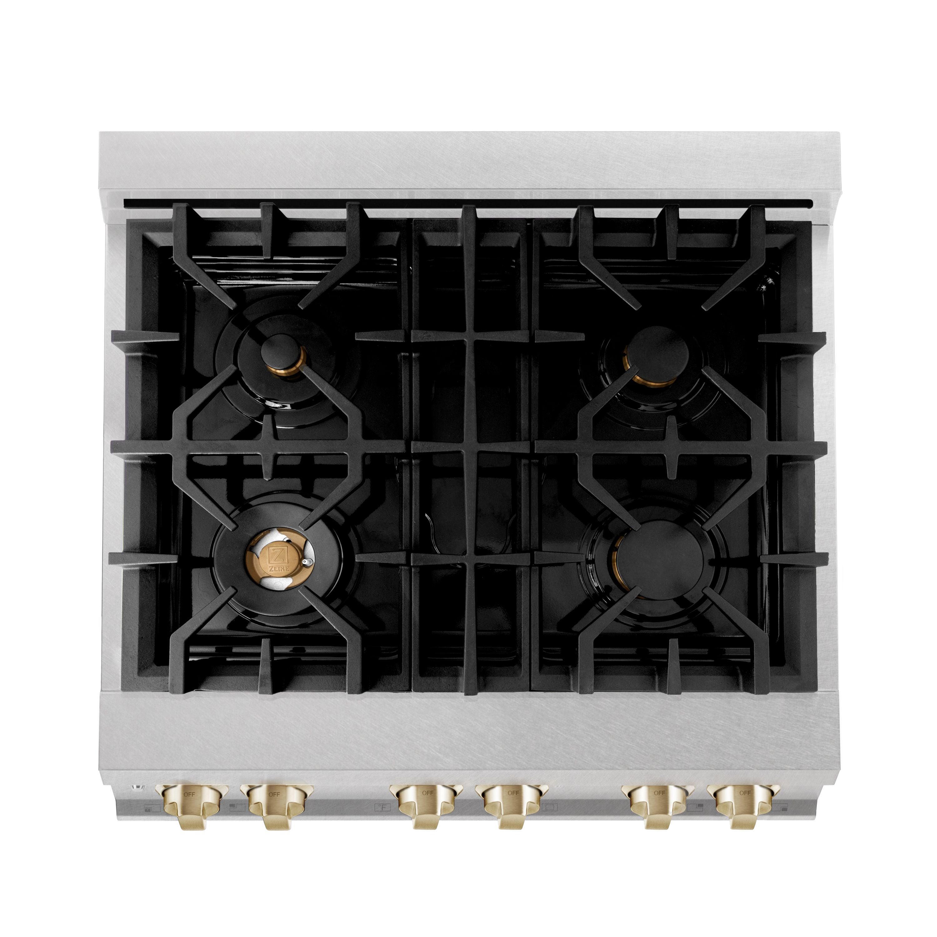ZLINE Autograph 30 in. Legacy Dual Fuel Range, 4.0 cu. ft., 4 Burner Gas Cooktop, Electric Convection Oven, Satin Stainless Steel with Polished Gold Accents (RASZ-SN-30-G)
