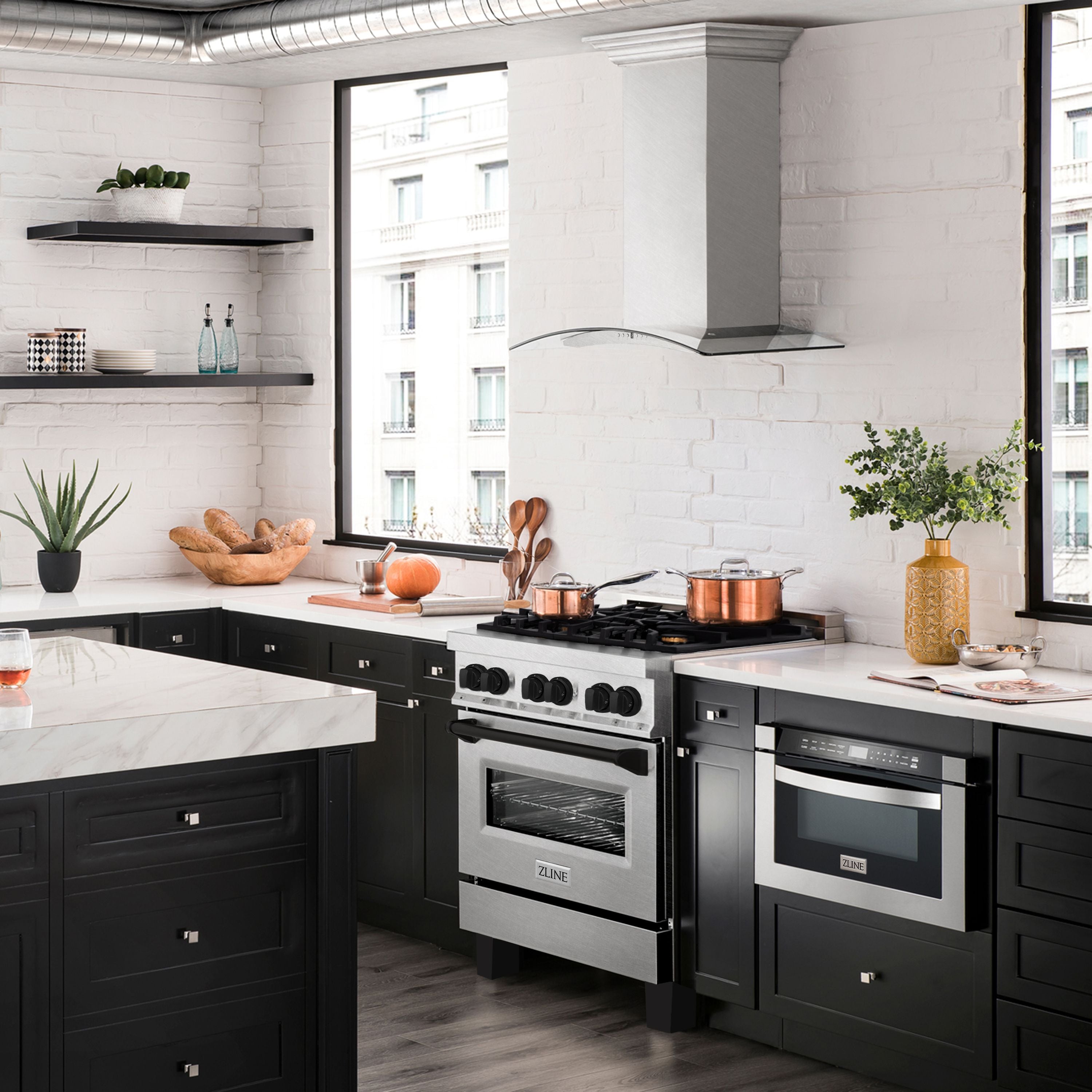ZLINE Autograph Edition Legacy 30" Dual Fuel Range, 4.0 cu. ft. Electric Convection Oven, 4-Burner Gas Cooktop, Satin Stainless Steel with Matte Black Accents (RASZ-SN-30-MB)
