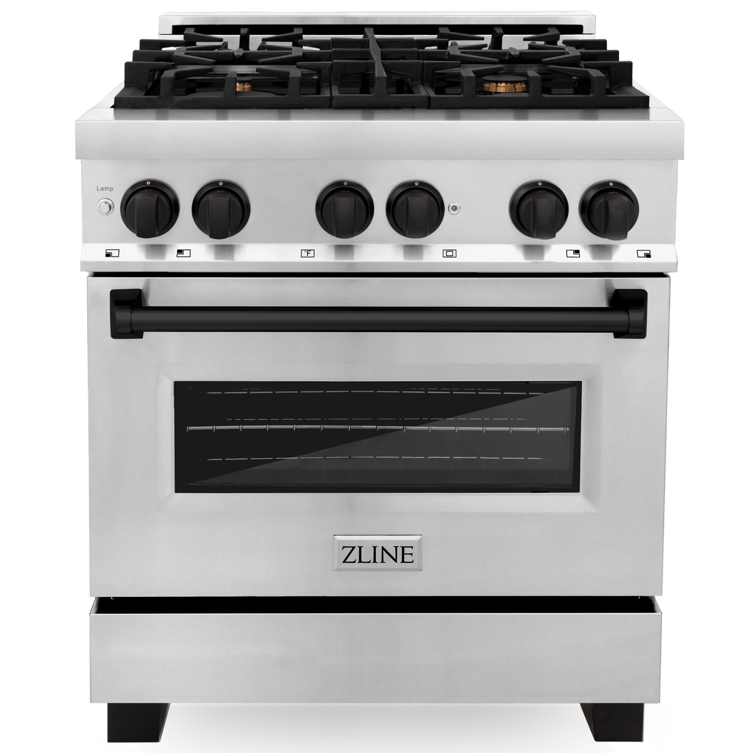 ZLINE Autograph 30 in. 4.0 cu. ft. Dual Fuel Range with Gas Cooktop and Electric Convection Oven in Stainless Steel with Black Matte Accents (RAZ-30-MB)