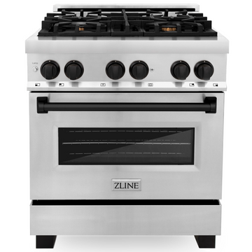 ZLINE Autograph 30 in. 4.0 cu. ft. Dual Fuel Range with Gas Cooktop and Electric Convection Oven in Stainless Steel with Black Matte Accents (RAZ-30-MB)