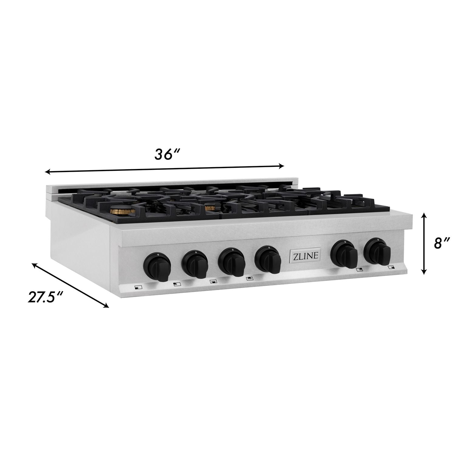 ZLINE Autograph 36" Legacy Gas Rangetop with 6 Burners and Porcelain Cooktop in Satin Stainless Steel with Matte Black Accents, RTSZ-36-MB