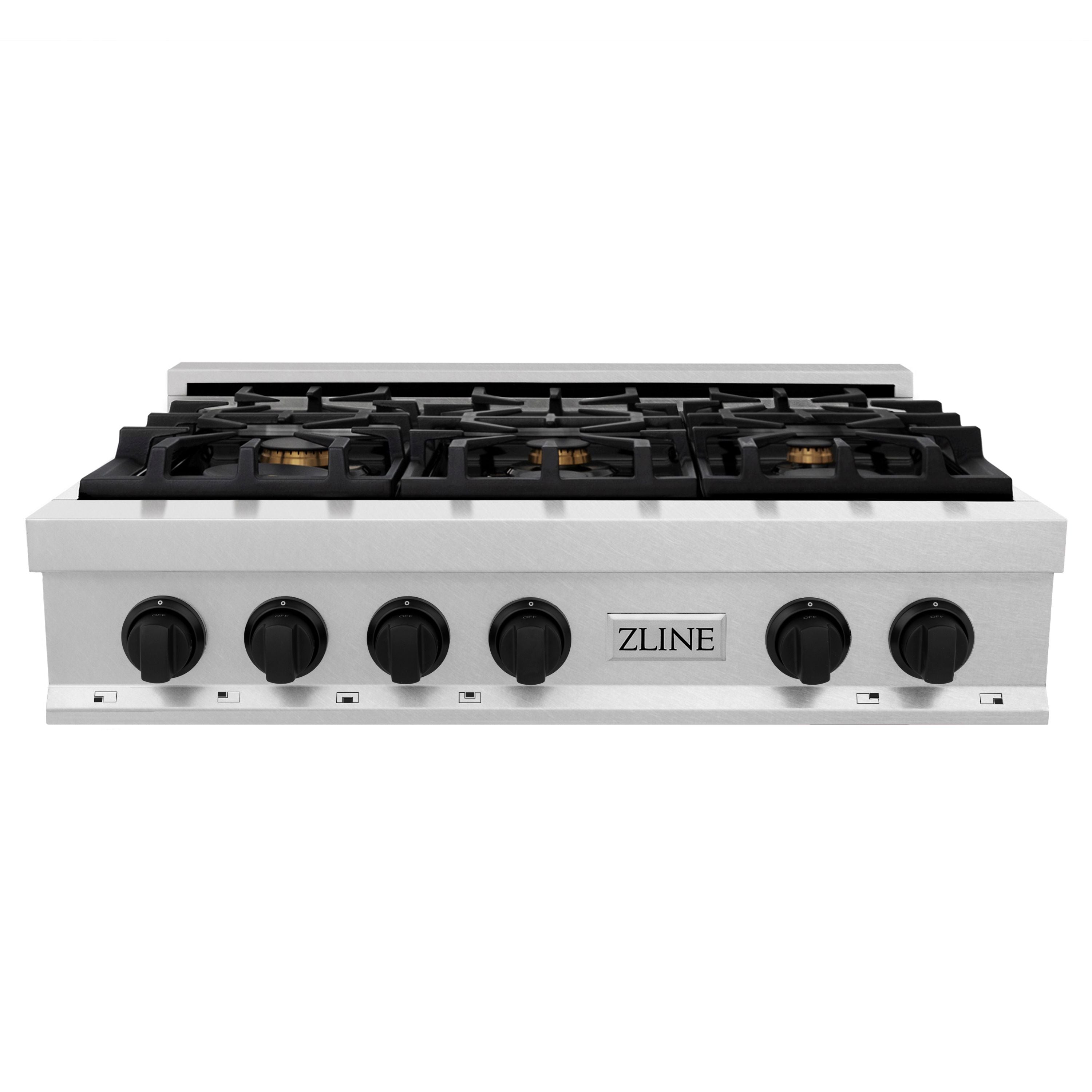 ZLINE Autograph 36" Legacy Gas Rangetop with 6 Burners and Porcelain Cooktop in Satin Stainless Steel with Matte Black Accents, RTSZ-36-MB