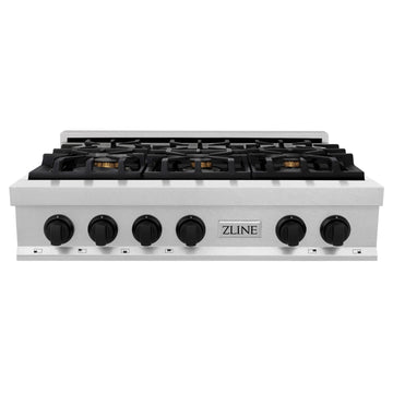 ZLINE Autograph 36" Legacy Gas Rangetop with 6 Burners and Porcelain Cooktop in Satin Stainless Steel with Matte Black Accents, RTSZ-36-MB