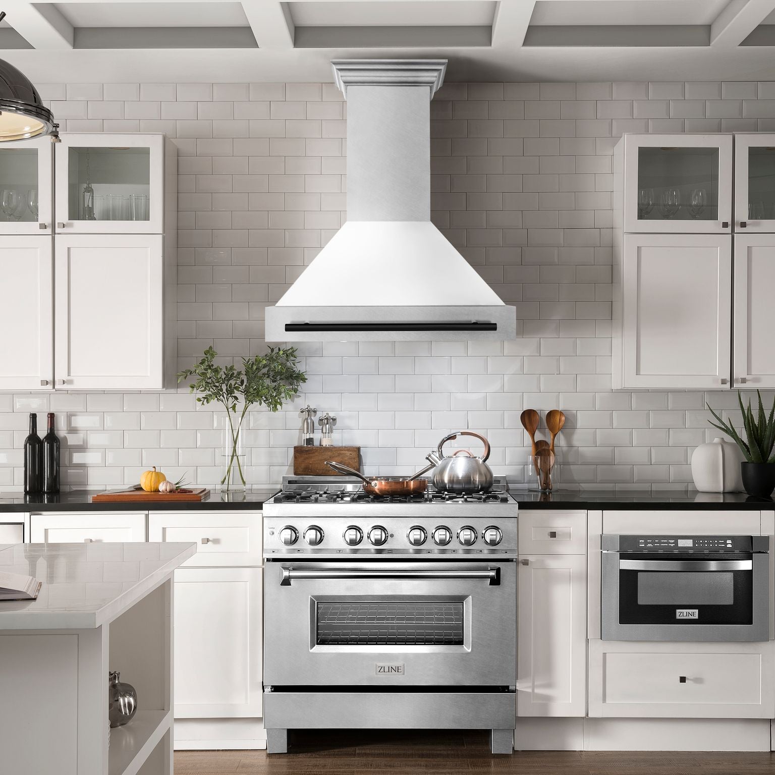 ZLINE 36 in Wall Mount Range Hood Satin Stainless Steel White Matte Shell 700 CFM Matte Black Handle (8654SNZ-WM36-MB)