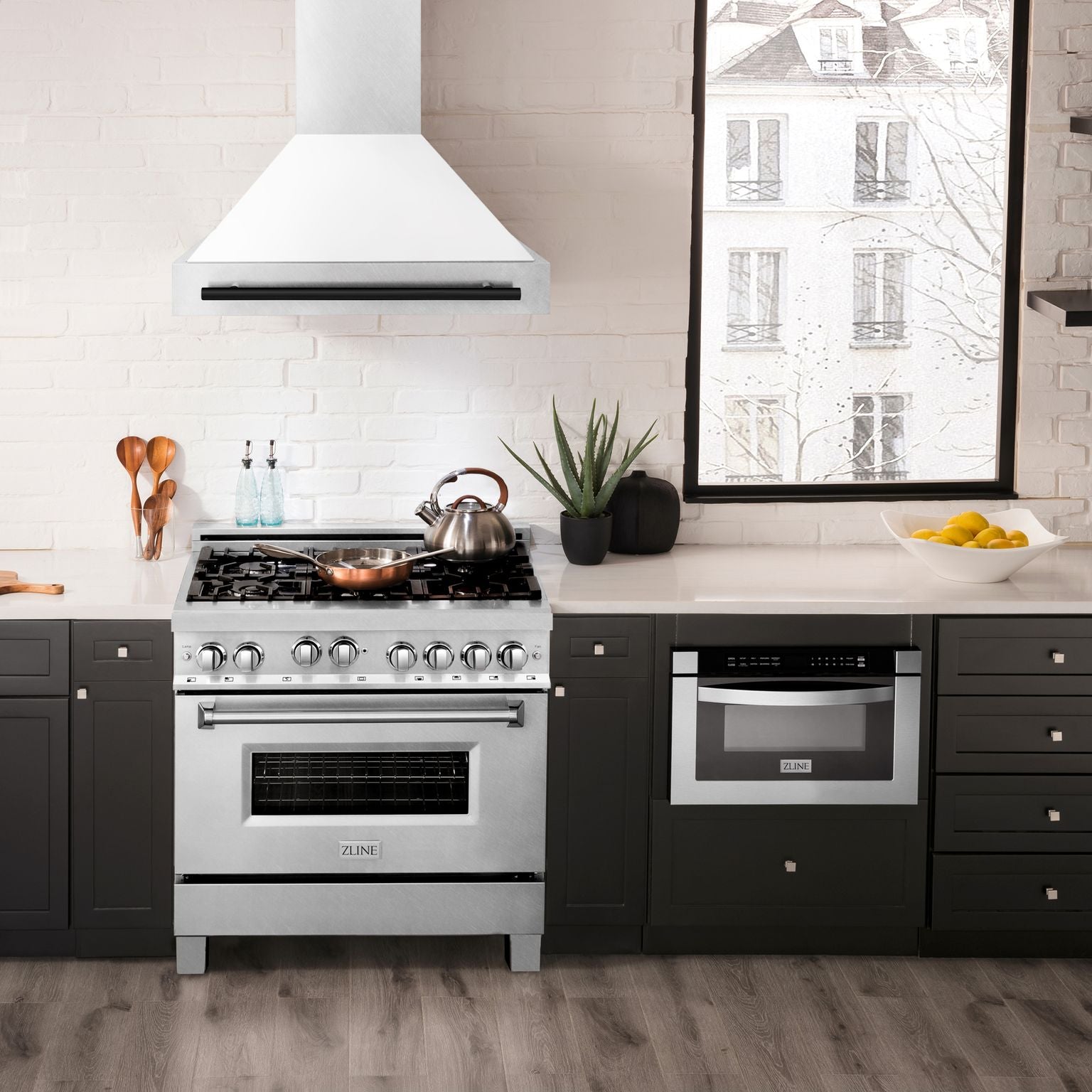 ZLINE 36 in Wall Mount Range Hood Satin Stainless Steel White Matte Shell 700 CFM Matte Black Handle (8654SNZ-WM36-MB)