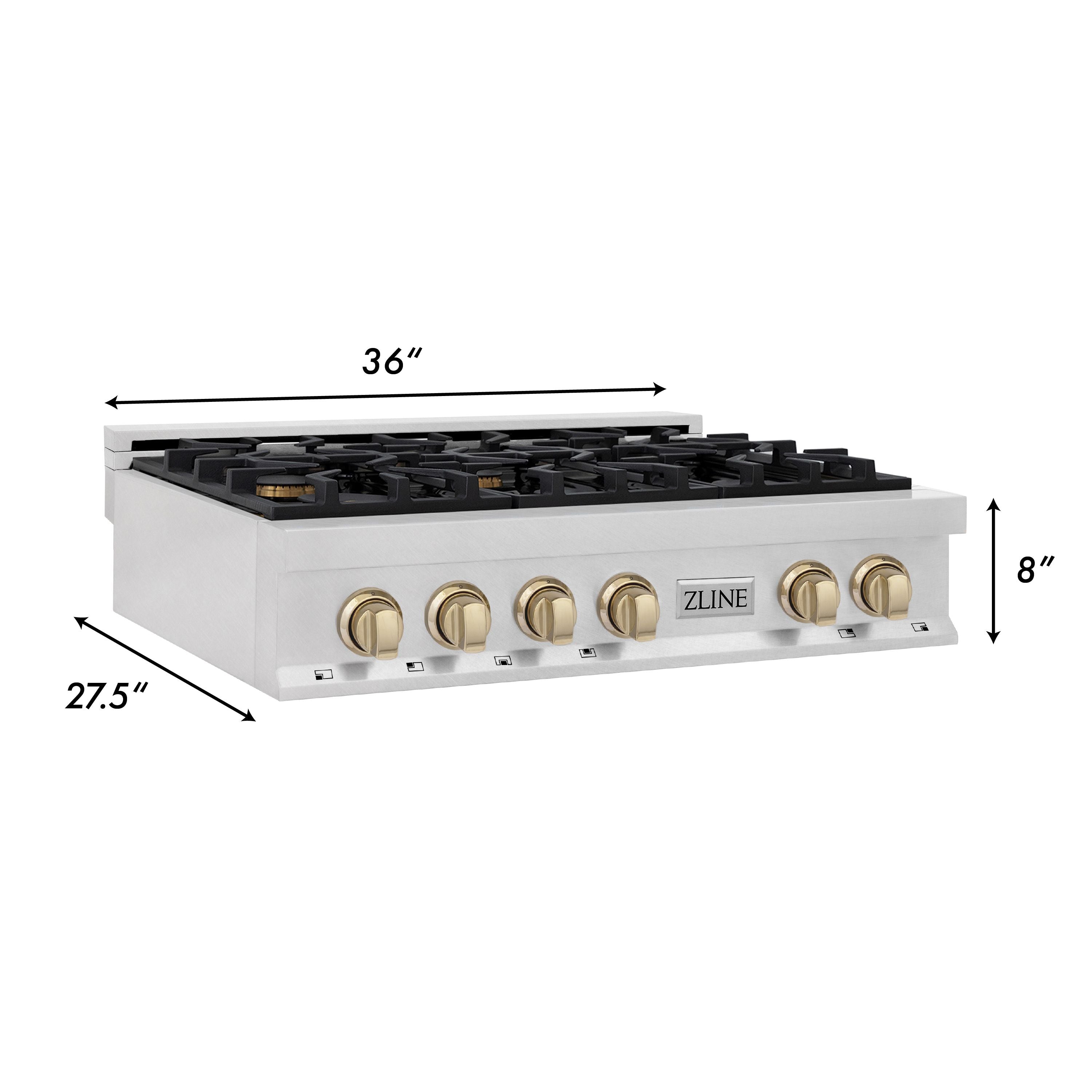 ZLINE Autograph 36" Legacy Gas Rangetop with 6 Burners and Porcelain Cooktop in Satin Stainless Steel with Polished Gold Accents, RTSZ-36-G